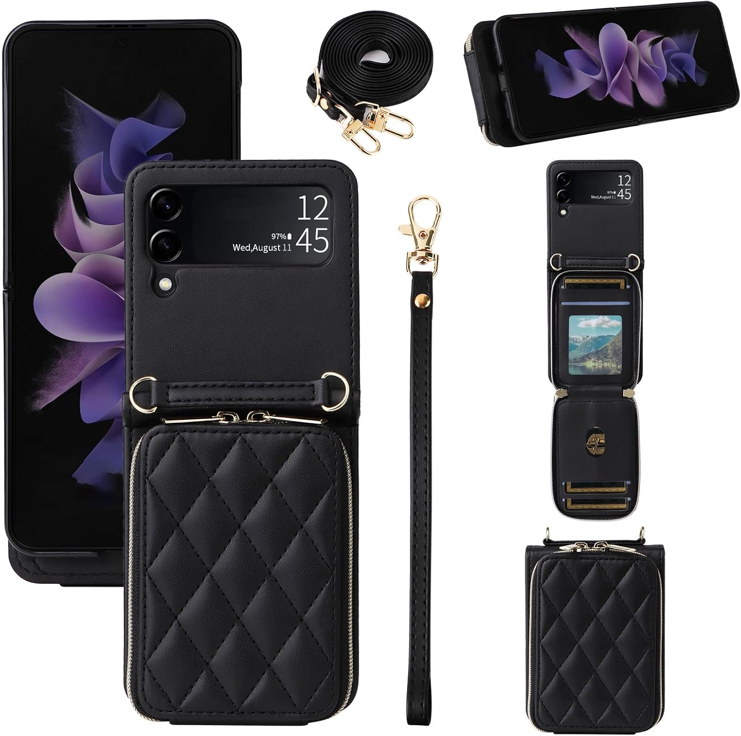 Wallet Case for Samsung Galaxy Z Flip 4 5G 2022 with Wrist Strap Crossbody Shoulder Strap Mutiple Card Slots Zipper Purse, Luxury PU Leather Stand Cell Phone Cover for ZFlip4 Z4 Flip4 4Z Black