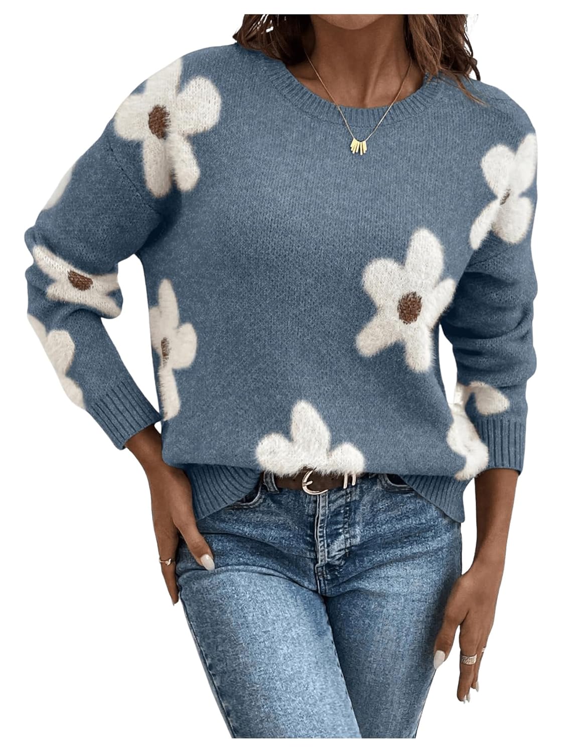 SOLY HUX Womens Floral Sweaters 2024 Fall Winter Crew Neck Pullover Tops Long Sleeve Casual Loose Sweater Knit