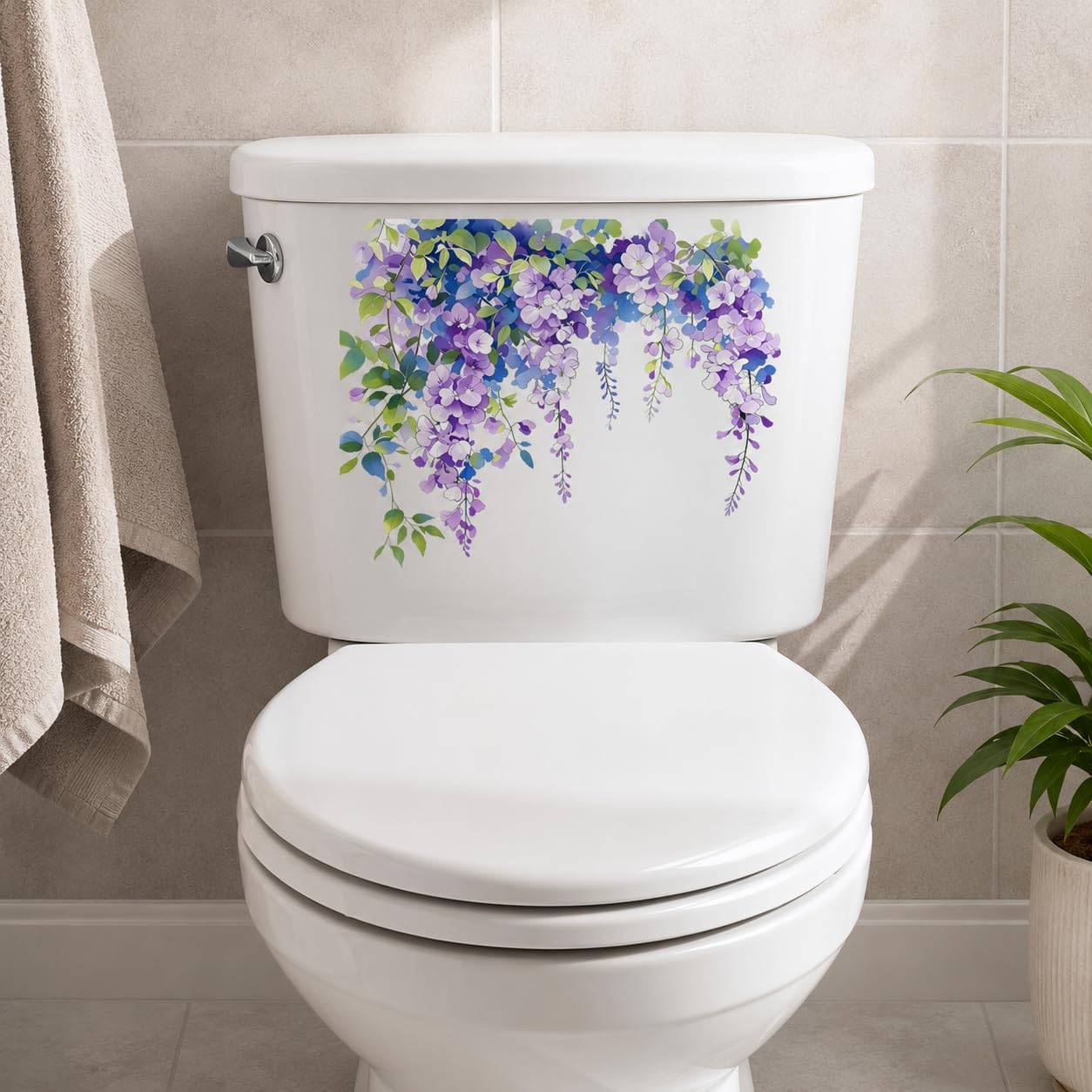 Purple Wisteria Hanging Floral Toilet Tank Lid Sticker 11.81×9.09 Inch, Waterproof Removable Ultra Thin Transparent Vinyl Bathroom Decal, Trailing Flower Peel and Stick Decor Decals