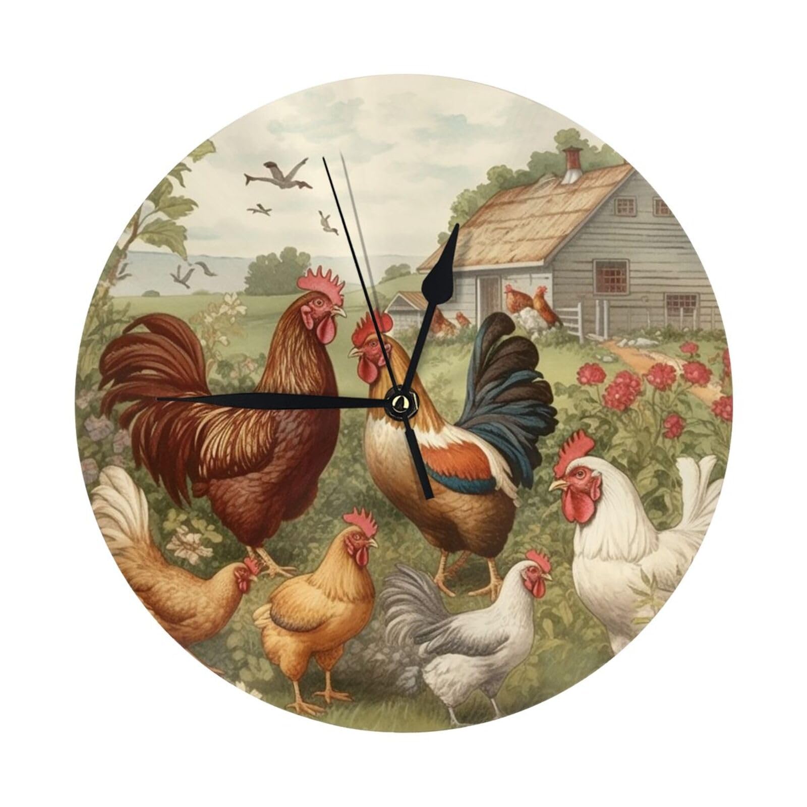 FodPand Chickens and Farm Wall Clock - 10 Inch Silent Non-Ticking Modern Wall Clocks Battery Operated - Classic Simple Minimalist Analog Round Decorative Clock for Kitchen, Home, Office