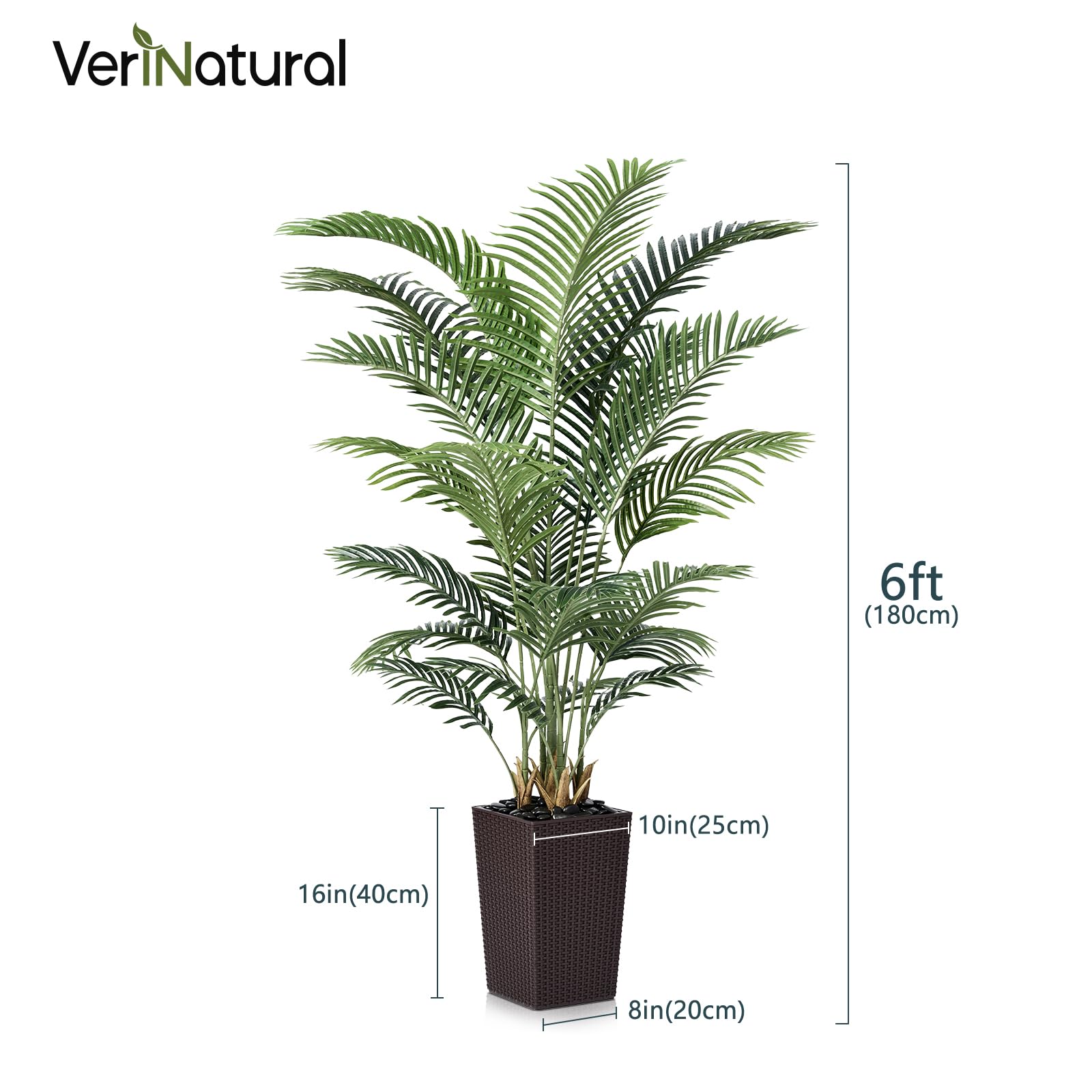 VeriNatural Kunstpalme 180cm Künstliche Pflanze mit Brauner Netztopf – Deko Kunstpflanzen wie echt, Kunstbaum Groß UV-beständig&Flussgestein – für Wohnzimmer, Balkon, Büro, Badezimmer&Garten,VN130