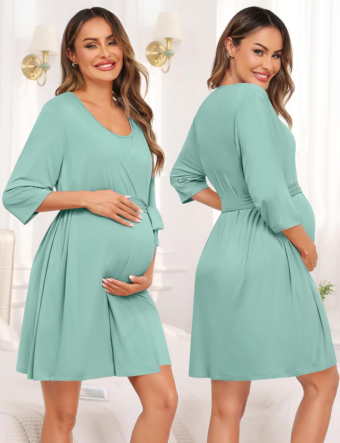 SWOMOG Women Maternity Nursing Gown and 3/4 Sleeve Robe Set Labor Delivery Nightgown Breastfeeding Hospital Bathrobe - Image 5