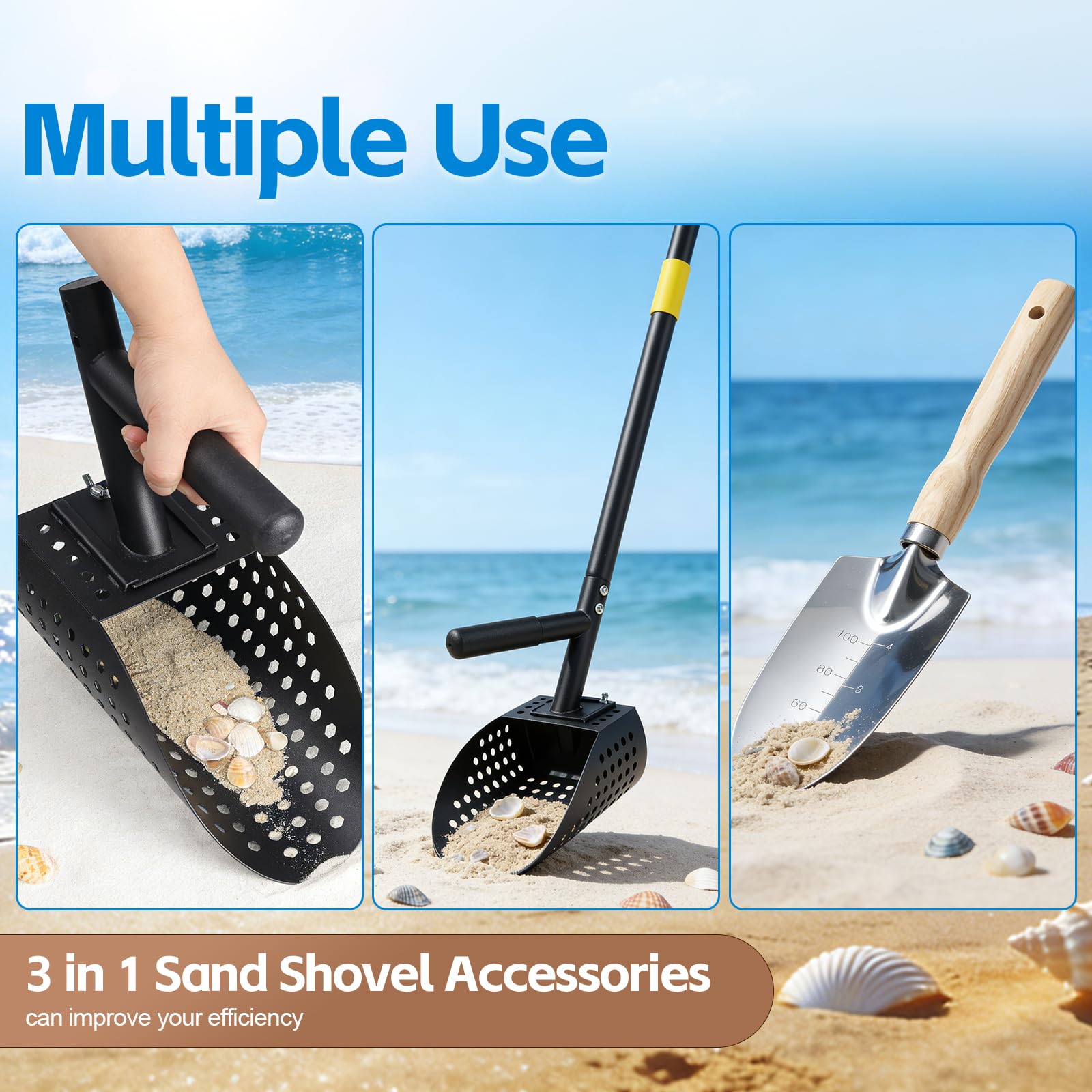 Paletta per la sabbia per il rilevamento di metalli da 162 cm, pala regolabile per metal detector, in acciaio inox, con manico lungo in acciaio, setaccio per sabbia, pala per la spiaggia, nero