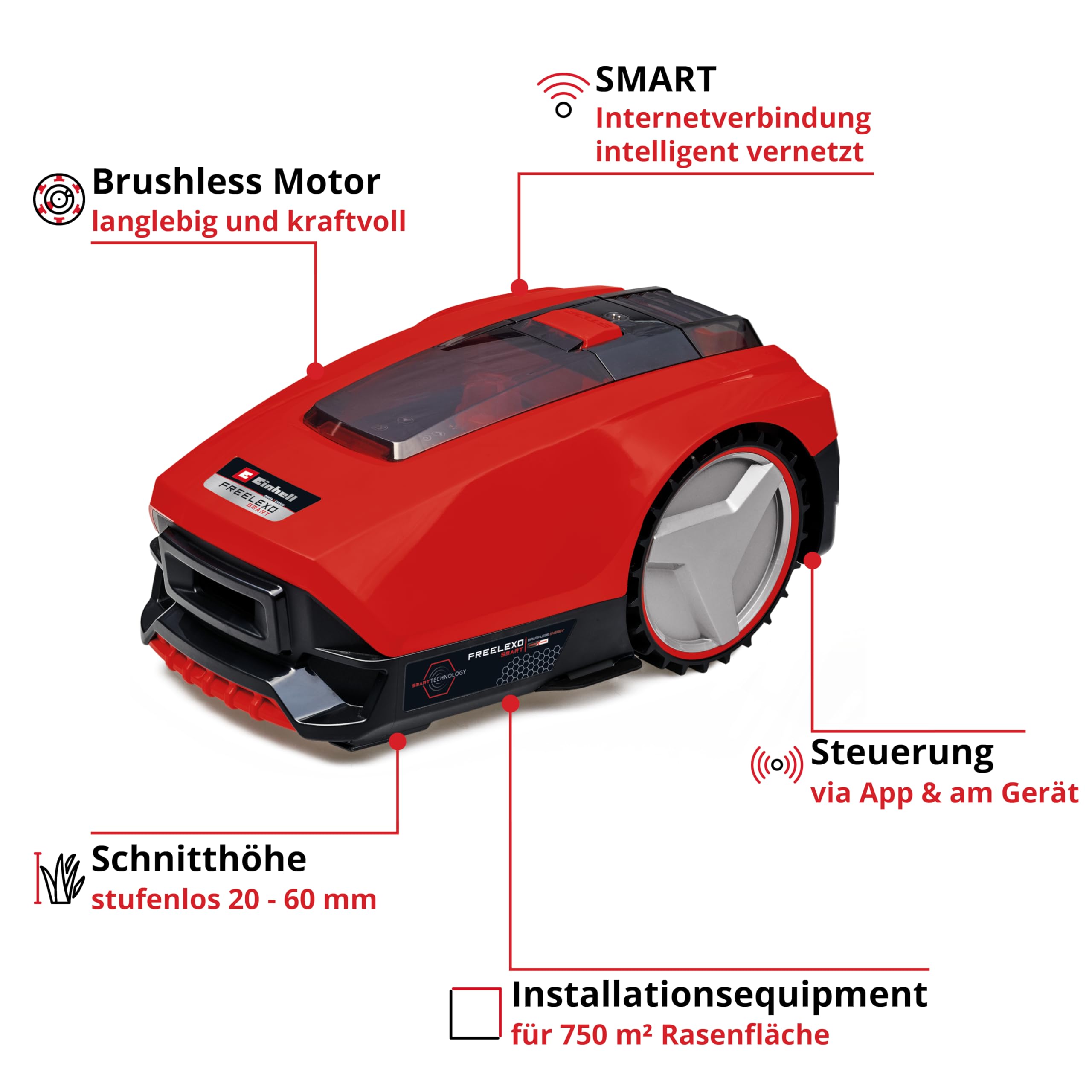 Einhell Mähroboter FREELEXO SMART 750 Power X-Change (Smarte Vernetzung, wetterabhängige Mähzeitberechnung, bis 750 m², Second Area Modus, inkl. Installationskit)