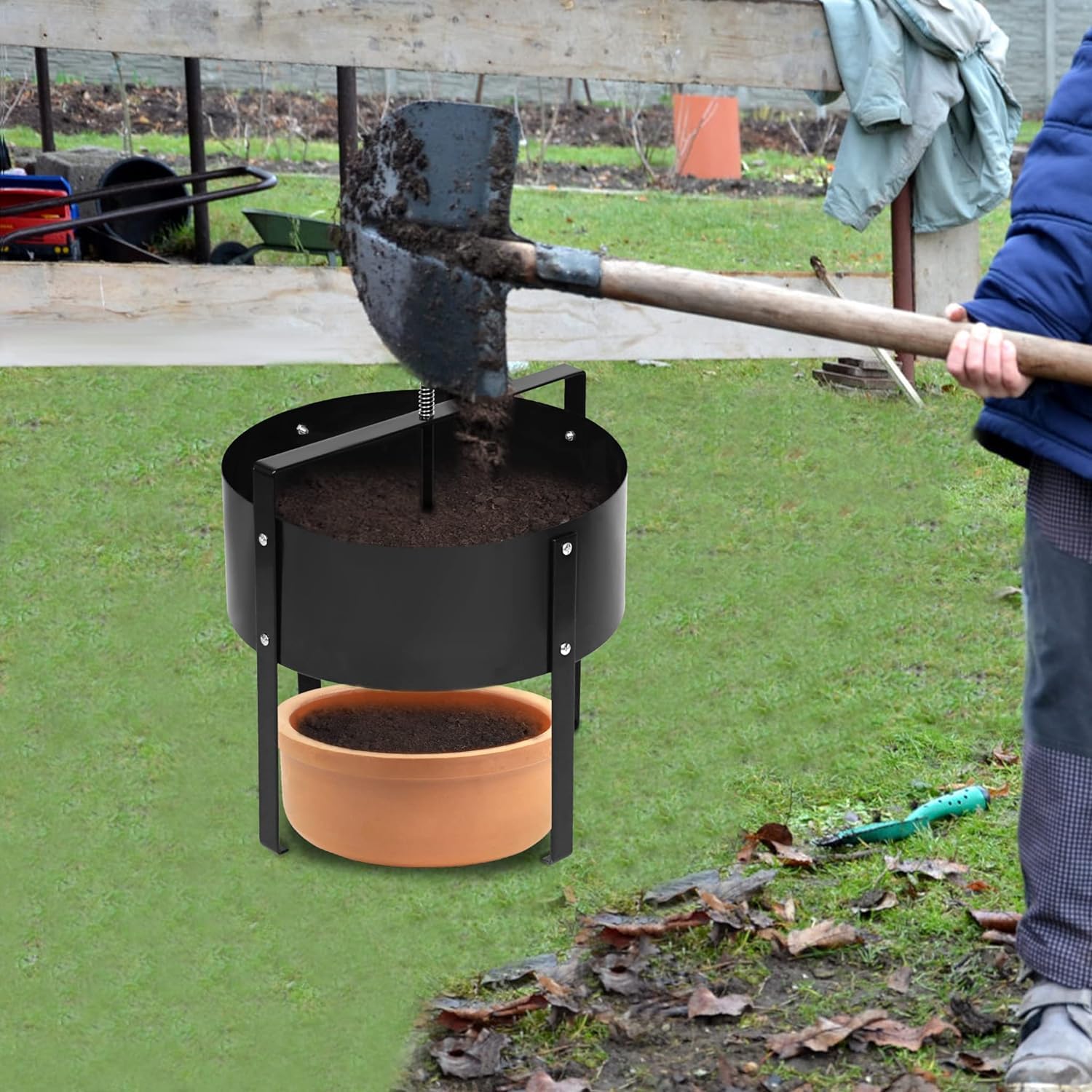 LILIIN Metallisches Gartensieb Handkurbelsieb Kompostsieb Handkurbel Komposter für Trennstein, Unkraut, Kompost - 40 x 45cm, Schwarz