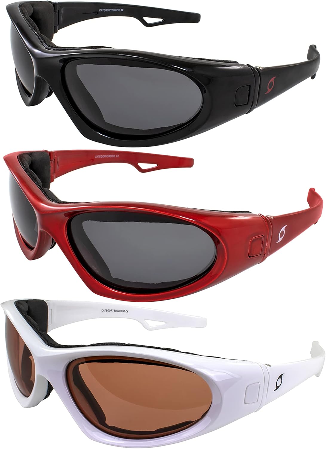 Hurricane Eyewear Category 5 Jet & Water Ski Sunglasses to Goggles Hybrid 3 Pairs White Frame with Driving Mirror Lens Black & Red Frames with Polarized Smoke Lenses