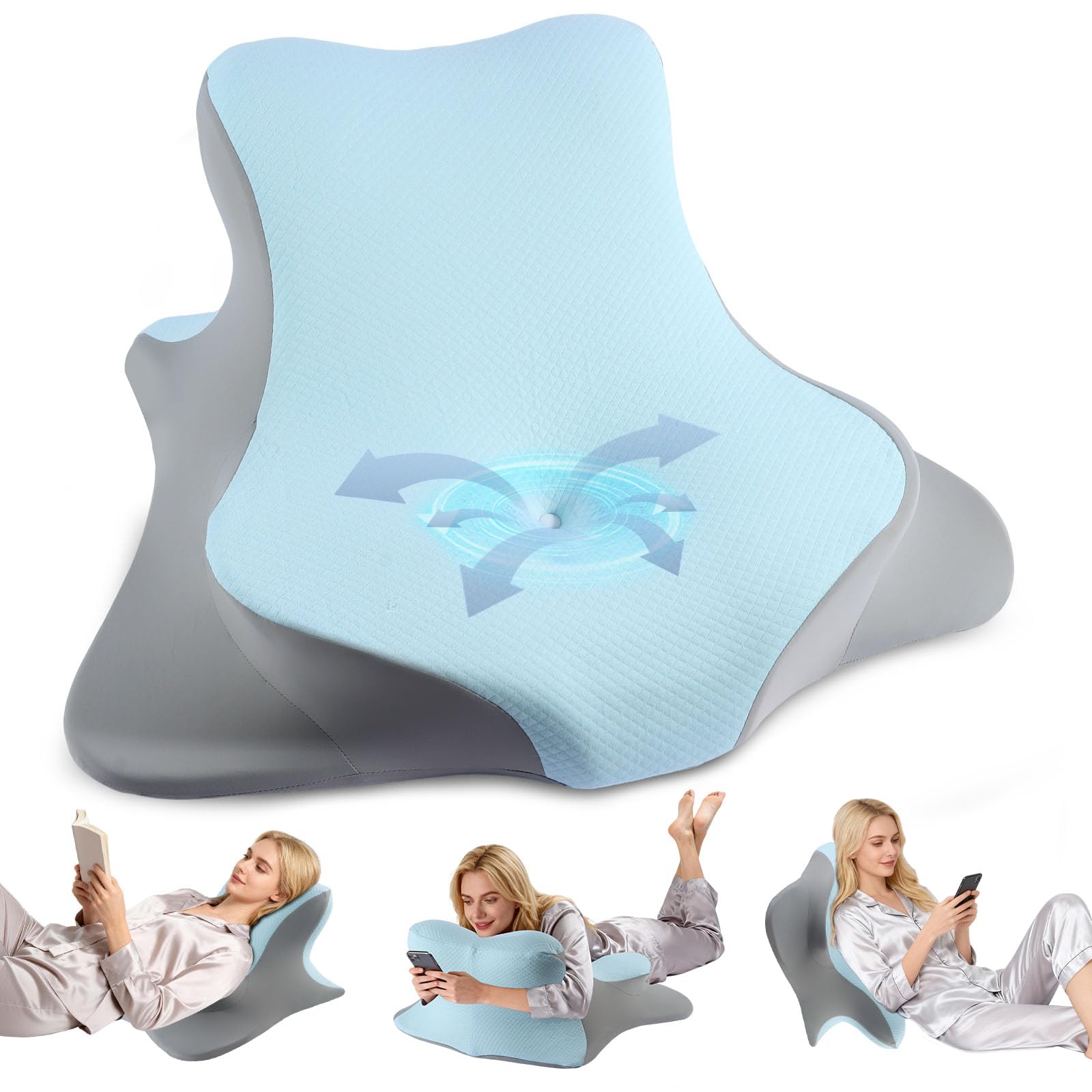 Niovally Ergonomic Reading Pillow for Bed with Cervical Support, Cooling Memory Foam Wedge Pillow for Neck Pain Relief and Back Support, Comfortable for Sitting on Couch, Floor or Sleeping (Blue)