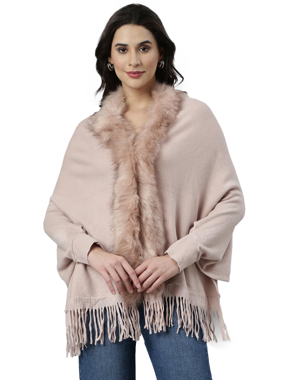 Women Solid Poncho | Shawl Collar Full Sleeves Knitted Poncho's for Womens | Regular Fit Longline Ponchos for Women's-image-7