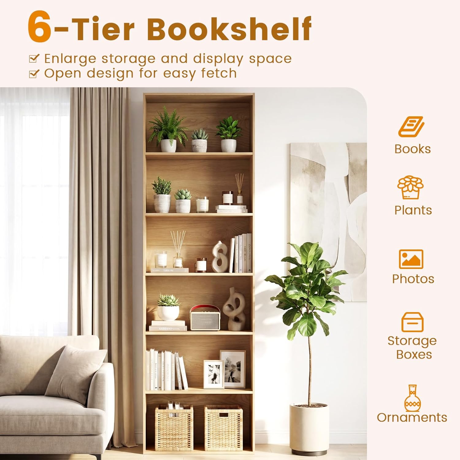 Tangkula 6-Tier Bookcase, 70” Tall Freestanding Bookshelf with 6 Open Shelves, Anti-Toppling Kits, Floor Display Storage Organizer for Living Room, Study, Kitchen, Home & Office (Natural, 70" H)