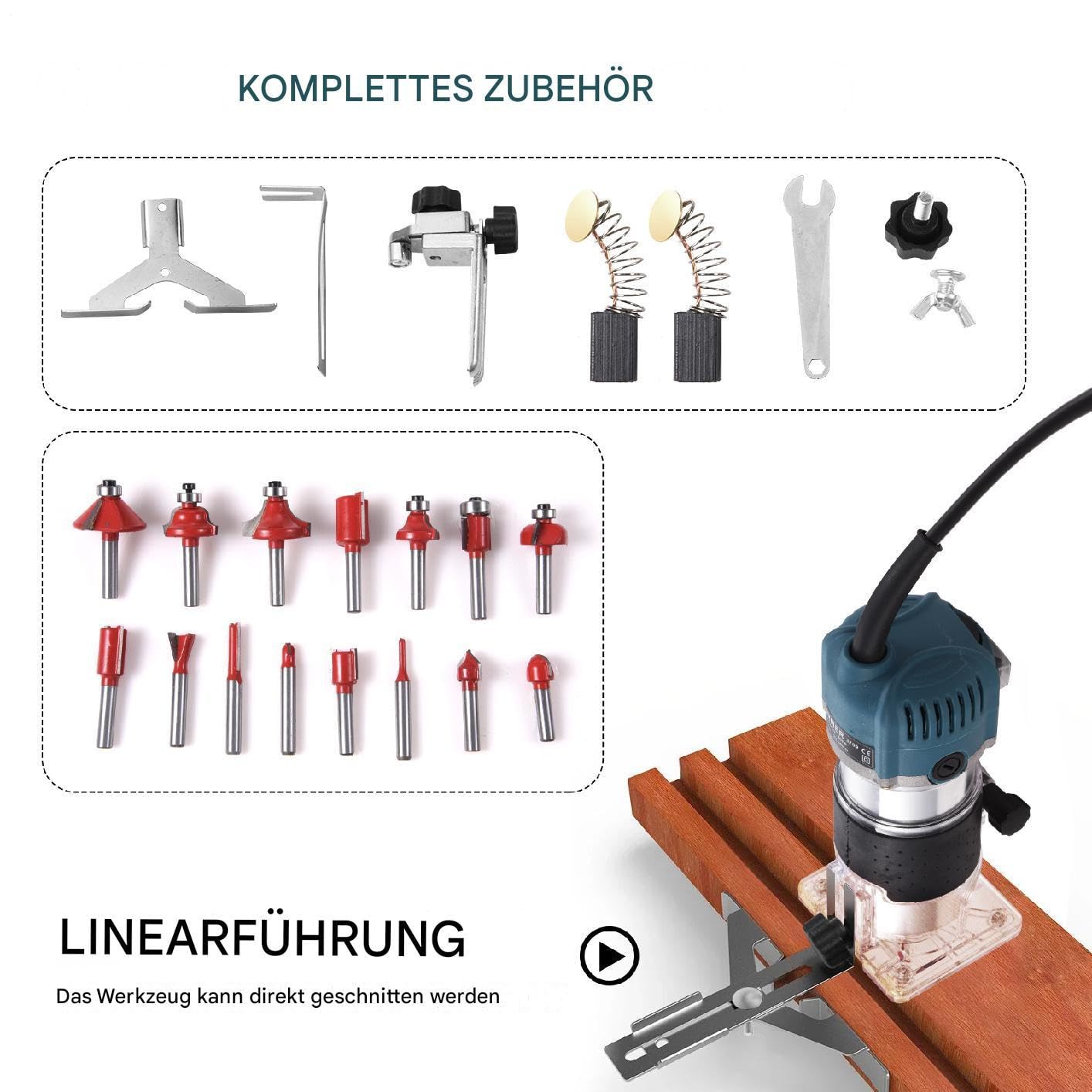 Fresa per bordi con una sola mano, fresa superiore, 800 W, 40000 giri/min, utensile elettrico con regolazione a 6 marce, set di frese da 15 pezzi (1/4") e guida di guida, fresatrice per legno per