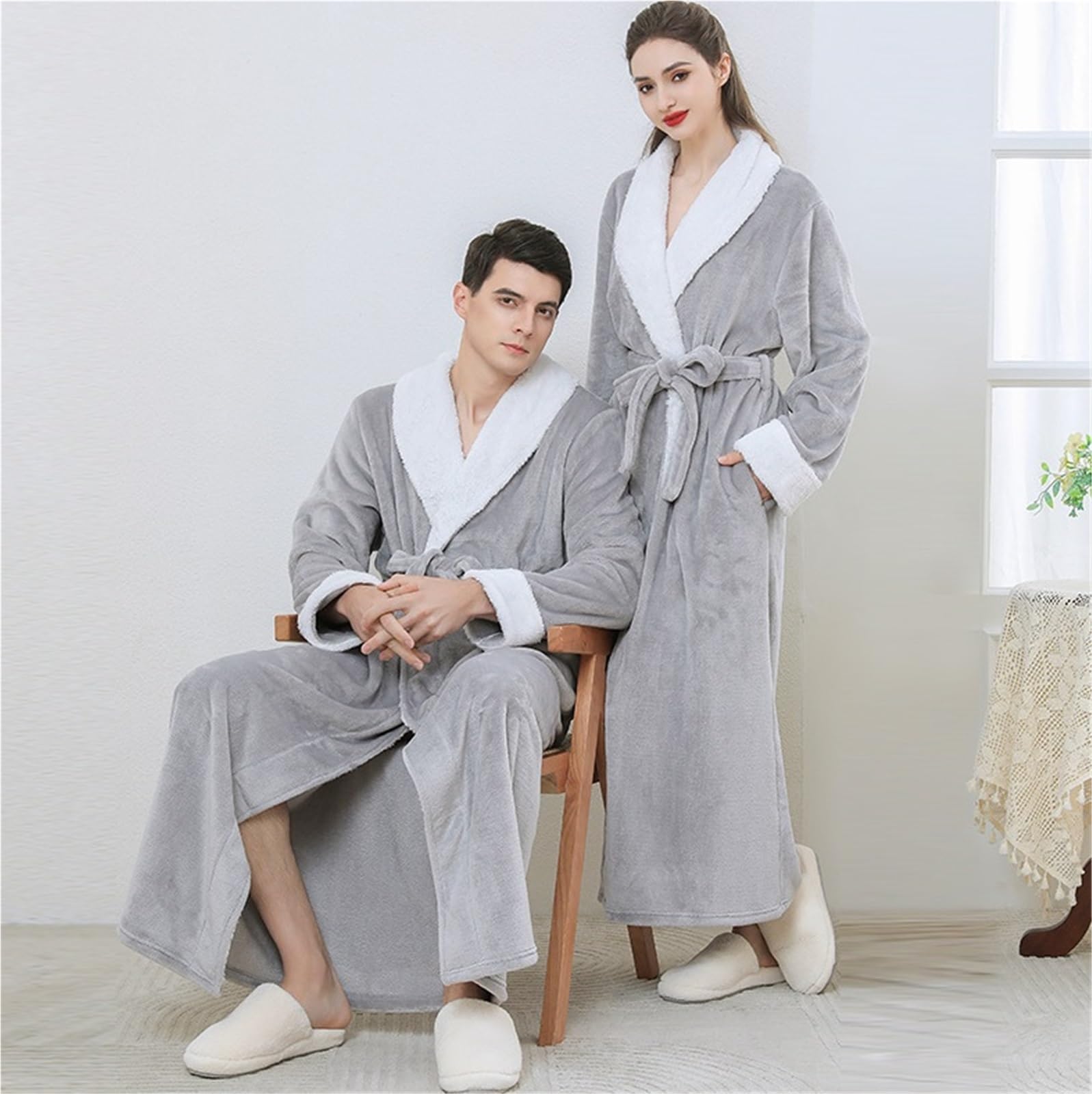 Albornoz Ducha Batas De Hombre Y Mujer, Bata Baño Suave Cálida Invierno, Largas Felpa con Cinturón Exterior Accappatoio para Viajes(G,M)