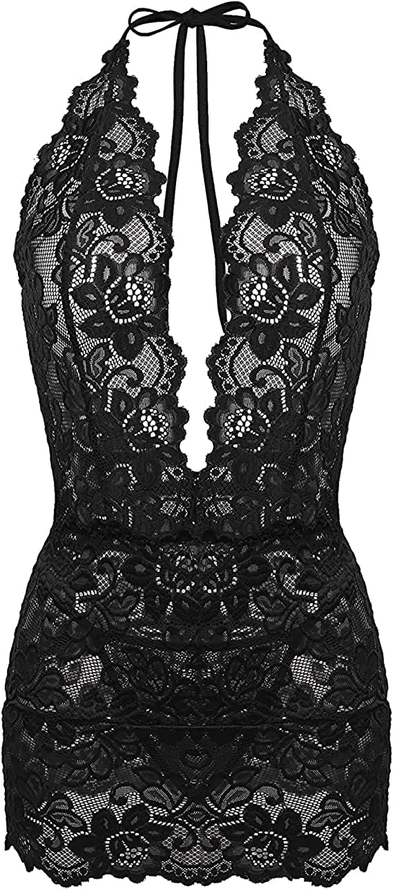 QHQQXN Lencería de Encaje Camisón de Malla Transparente Camisón con Cuello en V Profundo Camisón Halter Vestido sin Espalda Body con Tanga para Damas Pijama Ropa de Dormir Nupcial
