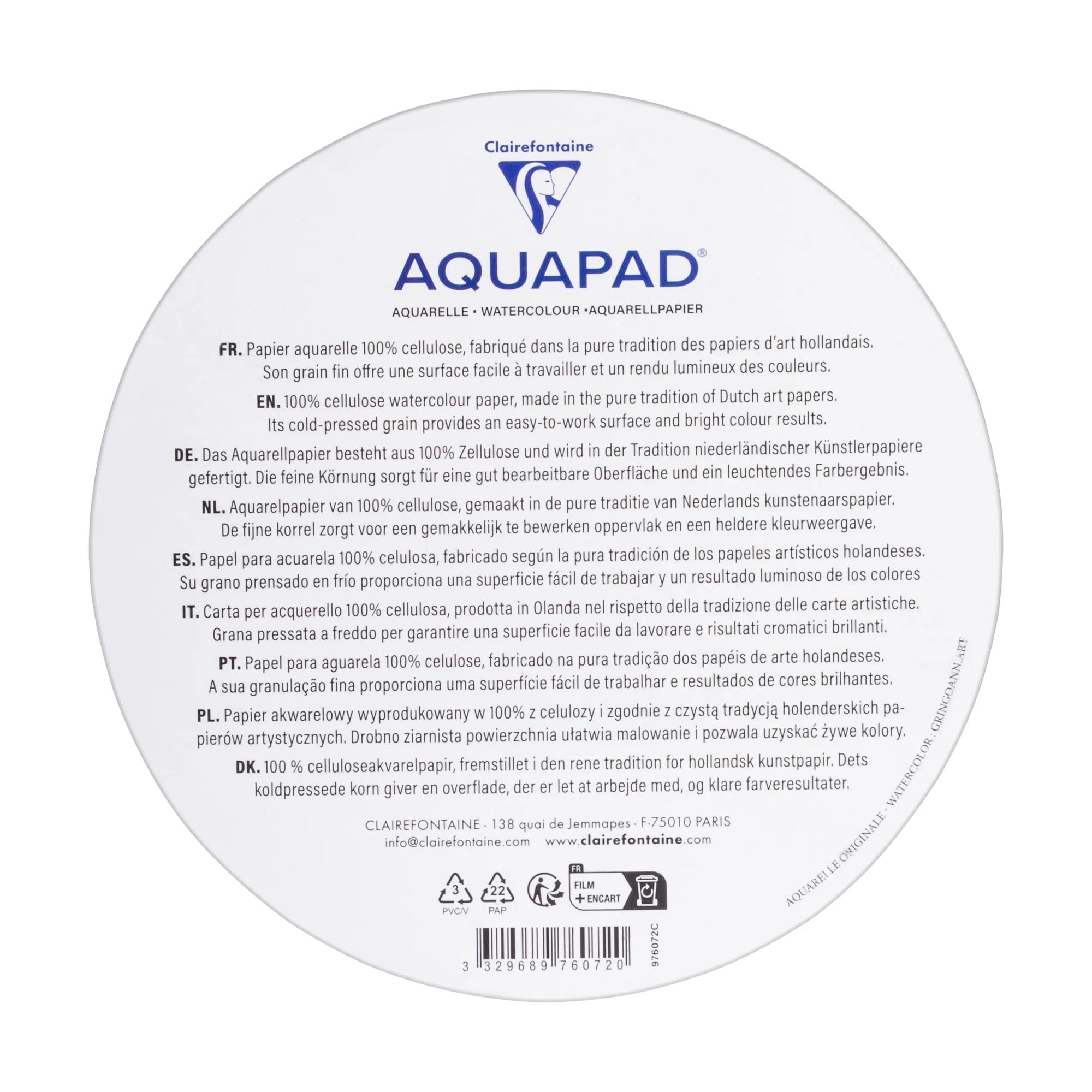 Clairefontaine 976072C Aquapad Fogli Rotondi Confezione Ø15cm 300g - 20 Fogli Carta per acquerello bianca Grana media fine