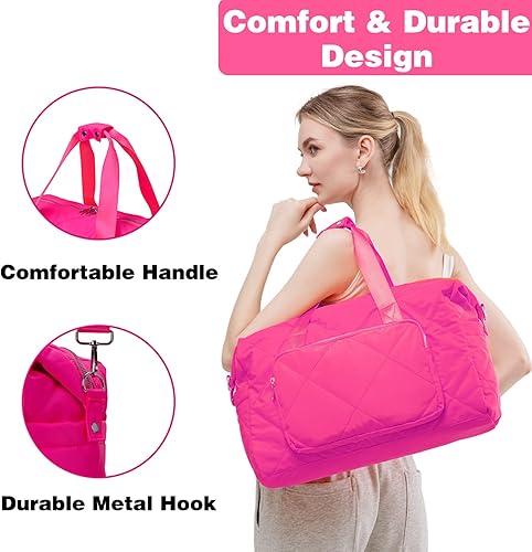 Miniatura 5 de Bolsa de gimnasio rosa intenso para mujer, bolsa de viaje ligera y hinchada de 18 pulgadas para viajes, deportes, yoga, resistente al agua