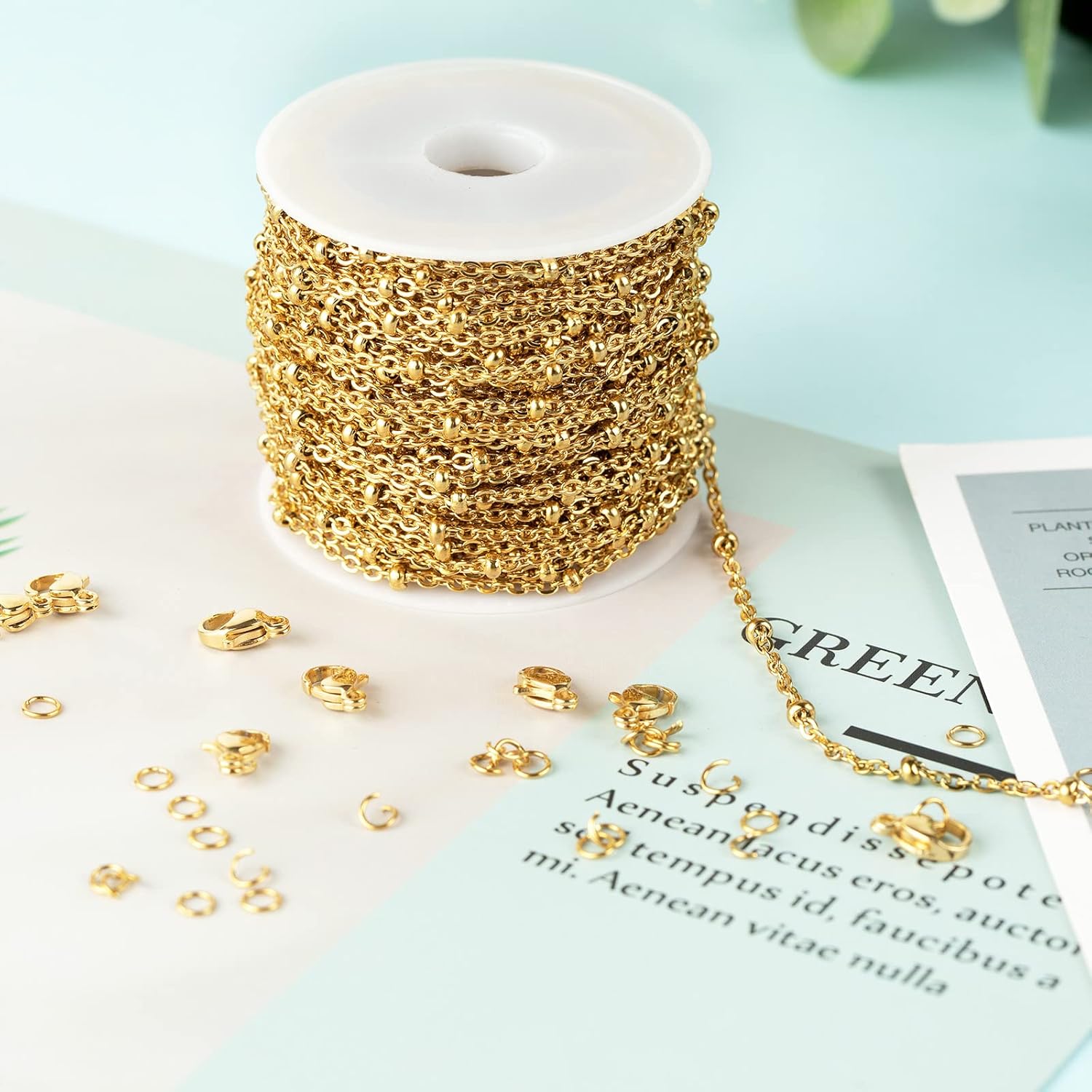 YOUBEIYEE 33 Feet Gold Stainless Steel Jewelry Chain Soldered Cross Beaded Chain Roll Necklace Chain Spool in Bulk with Jump Rings Lobster Clasps for DIY Jewelry Making - Image 6