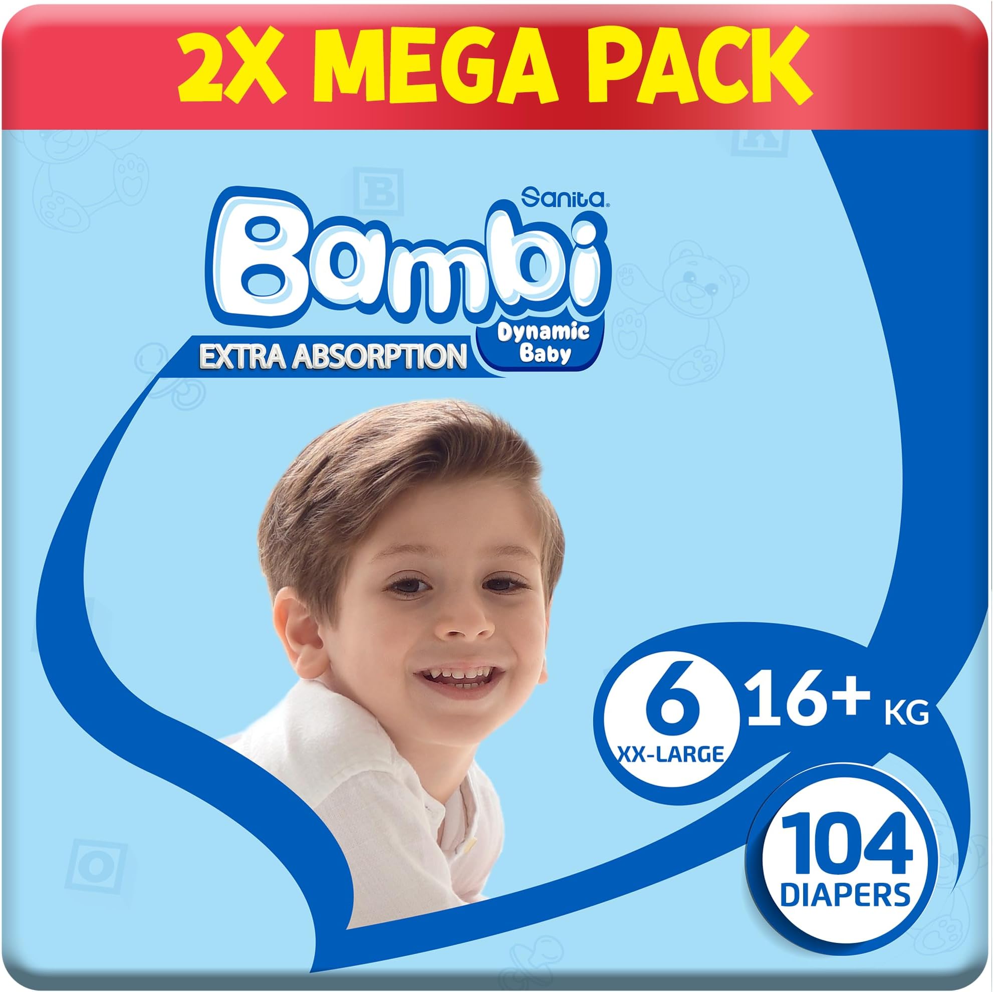 Sanita Bambi Baby Diapers Size 6, 16+kg, Skin-Friendly with Hypoallergenic Inner layer, Wetness Indicator, Leakage Protection & Comfort - Carton of Mega Pack (52x2), 104 Count