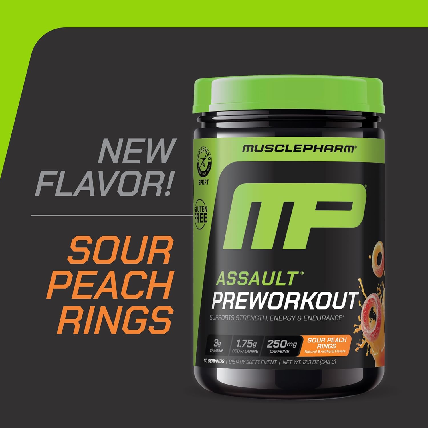 MusclePharm Assault Pre Workout Powder for Men & Women – Energy & Strength Boost Pre-Workout Supplements with Beta Alanine, Caffeine, Creatine & Betaine Anhydrous – 30 Servings, Sour Peach Ring Flavor