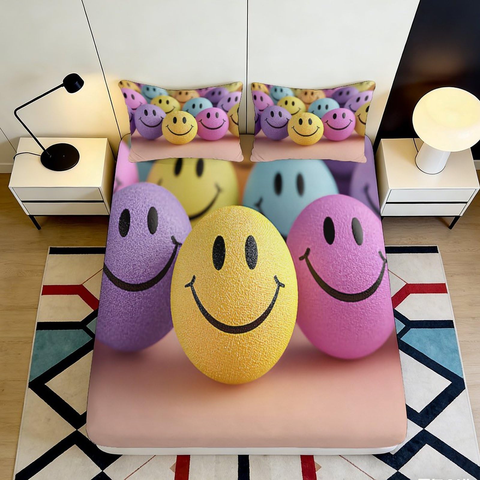 3D Printed Colorful Smiley Balls Fitted Sheet Microfiber Soft Breathable Happy Face Bed Cover for Bedroom Dormitory Guest Room Mattress Protection 140x200x25cm