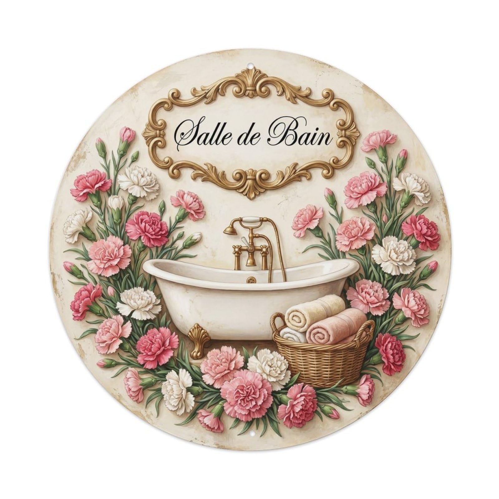 Yrnq Vintage Style Bathroom Carnation Vintage Bathroom Wall Vintage Metal Tin Sign Plaque Wall Decor For Cafe, Club, Garden Round Metal Poster 8X8inch