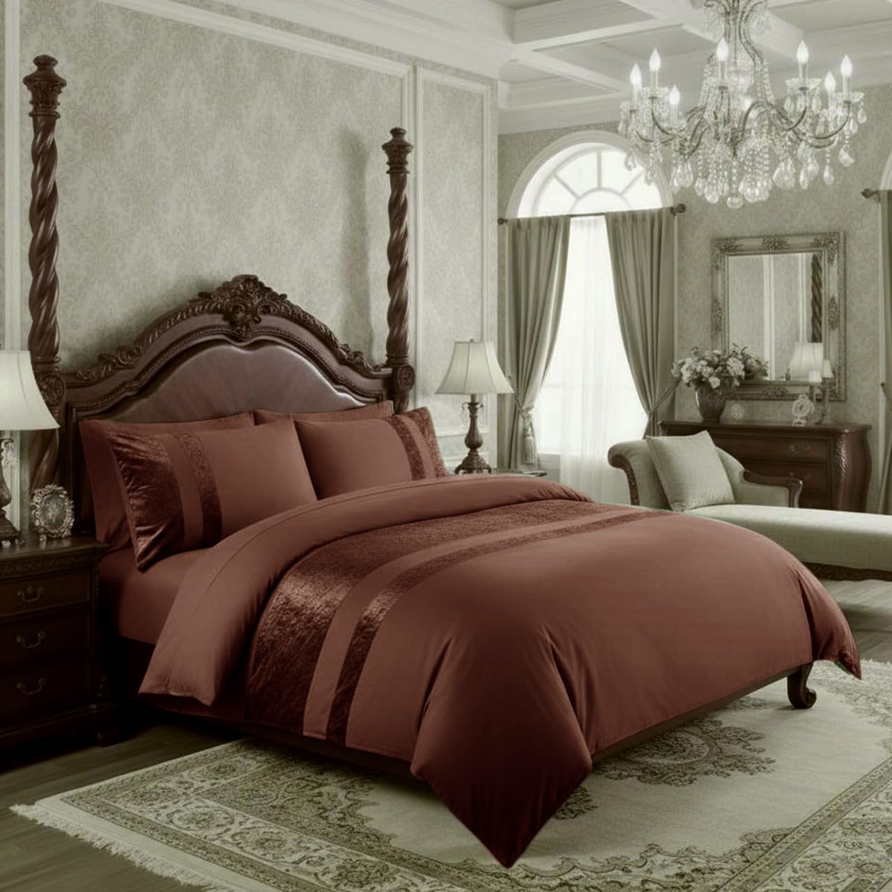 Casabella Luxury Crushed Velvet Panel Band Duvet Cover Sets with Pillow Case Bedding Set – Brown Crush Velvet Single Duvet Set