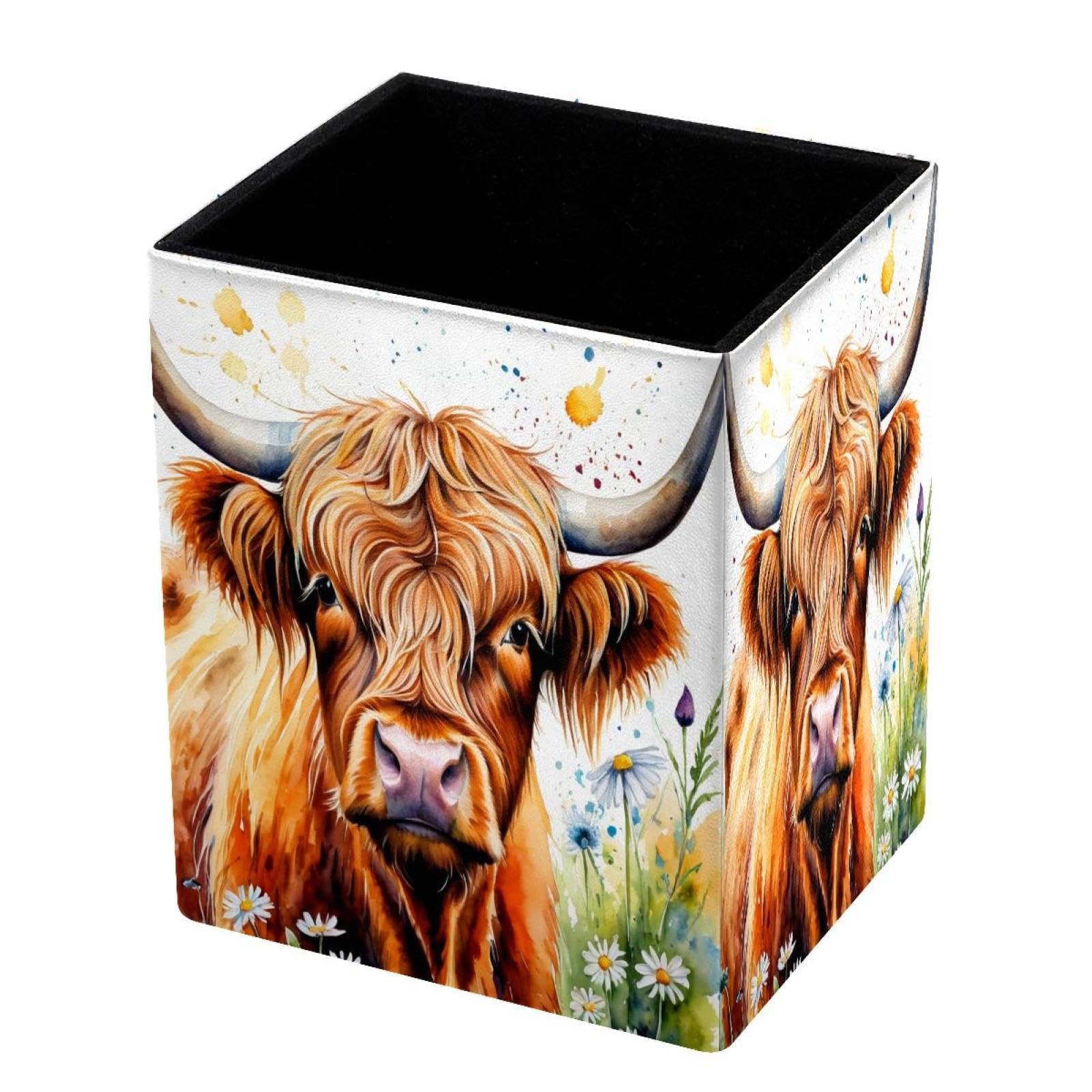 DragonBtu Desktop Pencil Holder, Daisy and Cow Rectangular Pencil Cup, Pencil Storage Bag Office Desk Supplies Case for School, Kids