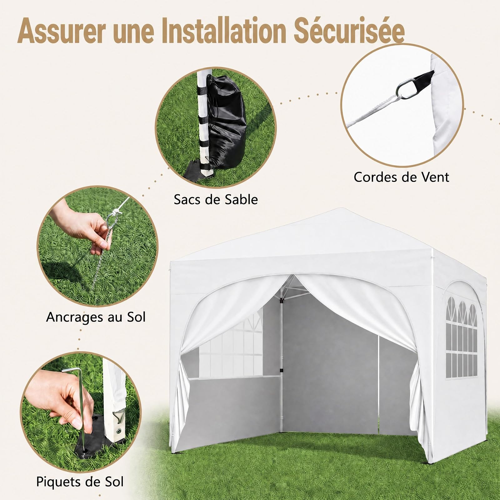 RELAX4LIFE Tonnelle Pliante 3x3 Imperméable avec Parois, Barnum Pliant 3x3 Facile à Monter, UV50+, Cadre Métallique, Sac de Sable, Sac à roulettes, Tente de Réception pour Camping Marché (Blanc)