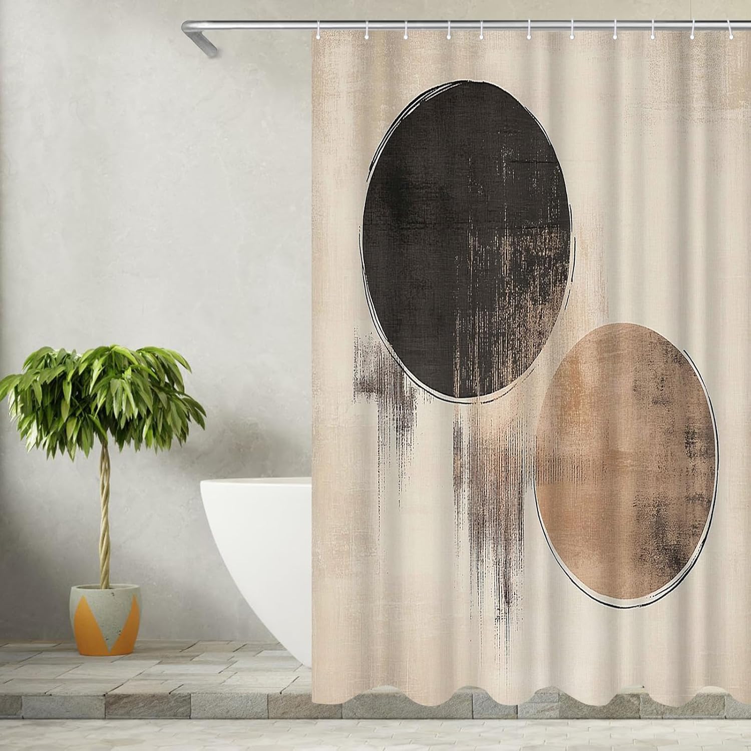 Black and Beige Boho Shower Curtain - Abstract Geometric Circle Waterproof Fabric Bathroom Curtain Home Decor, 72x72 Inch