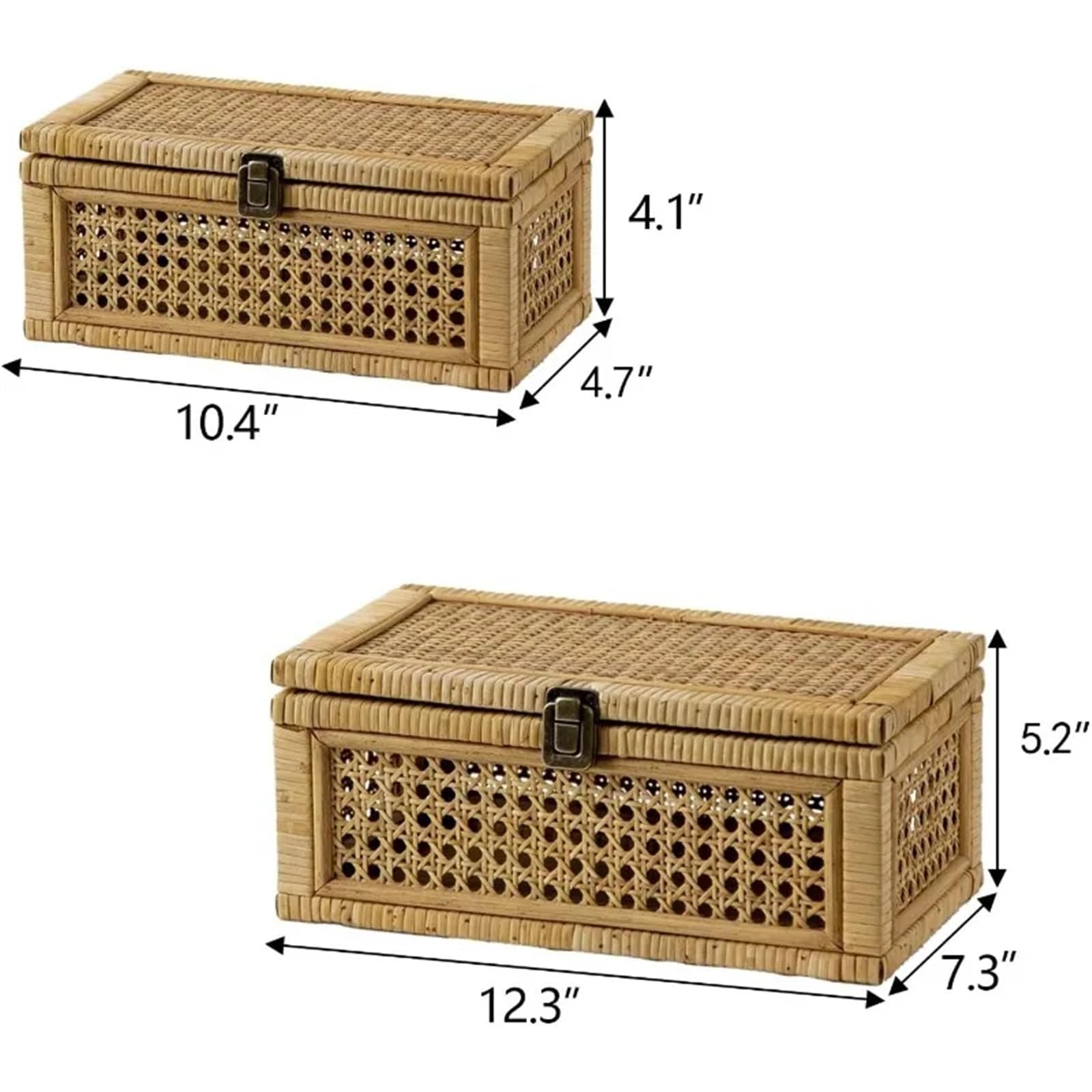 Cesta in rattan Scatola decorativa in rattan, scatole espositive con coperchio, set di 2 cestini portaoggetti rettangolari in vimini, contenitori in canna intrecciata(Round-Brown)