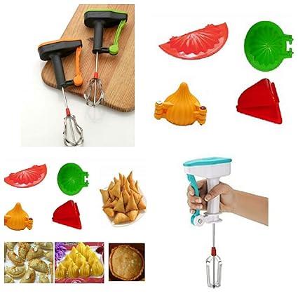 plenzo 4Pcs Plastic Kitchen Tool Mould Dough Press for Gujiya Modak Samosa Dumpling Pie Maker + Free Hand Blender and Beater with High Speed Operation for Curd, Egg & Cream Beater Combo of 2