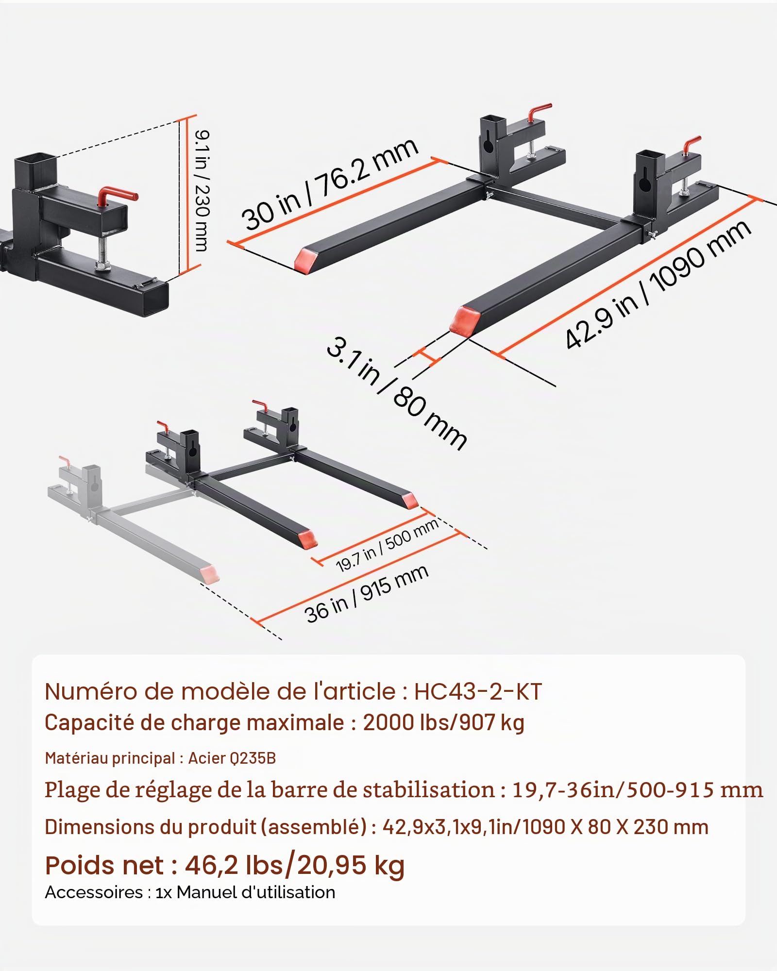 VEVOR Fourches à Palettes à Pince Charge 907 kg Fourches à Godet Longueur Totale 109 cm avec Barre Stabilisatrice Réglable 50-91,5 cm, Compatible avec Godet de Chargeuses Compactes Tracteurs, Noir