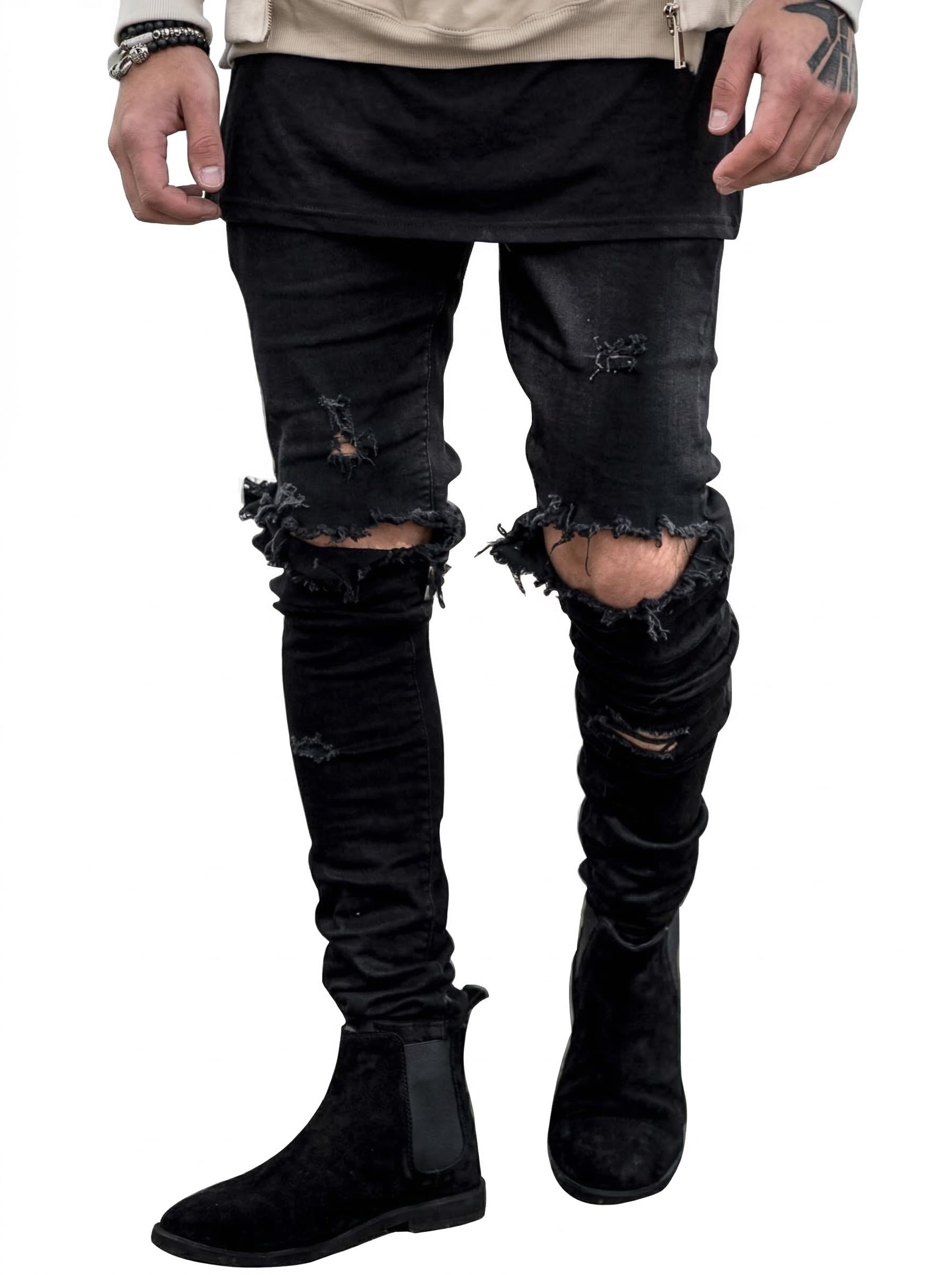 HUNGSON Men's Stretchy Ripped Skinny Biker Jeans Taped Slim Fit Denim Pants Black