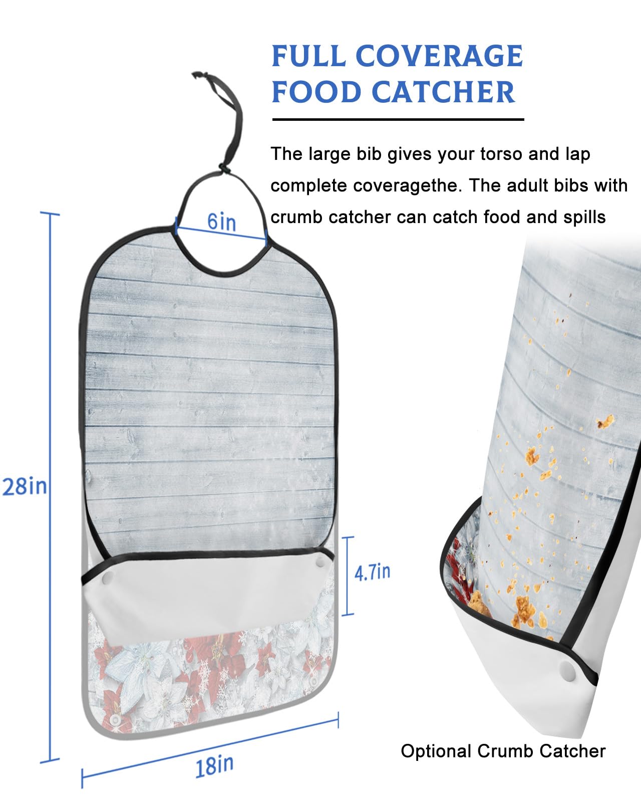 LEOKOTI Christmas Poinsettia Adult Bibs for Eating, Waterproof Bibs with Food Catcher & Snap Closure, Xmas Red Blue Botanical Snowflake Vintage Washable Clothing Protectors Adult Bibs for Elderly