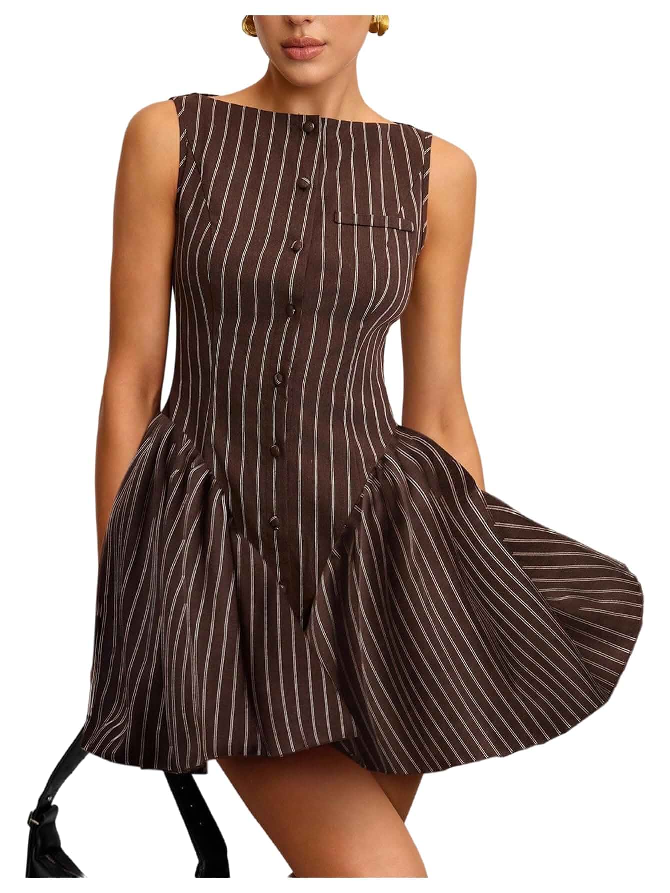 Floerns Women's Striped Sleeveless Mini Dress Boat Neck Ruffle Short Dress Striped A Line Dress, Boat Neckline, Tailored Waist, Lightweight Fabric for Casual Wear