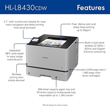 طابعة ليزر ملونة للأعمال Brother HL-L8430CDW مع طباعة منخفضة التكلفة وشبكات لاسلكية