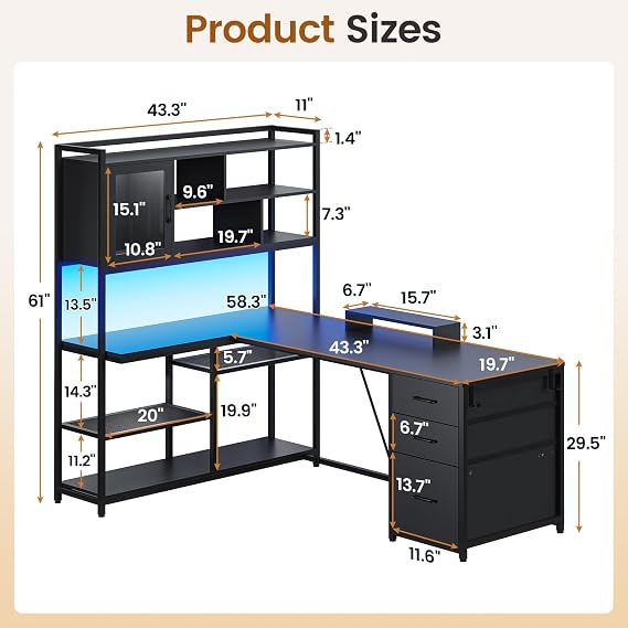 SEDETA 58'' L Shaped Computer Office Desk with 3 Drawers and Bookshelf