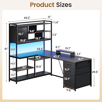 SEDETA 58'' L Shaped Computer Office Desk with 3 Drawers and Bookshelf