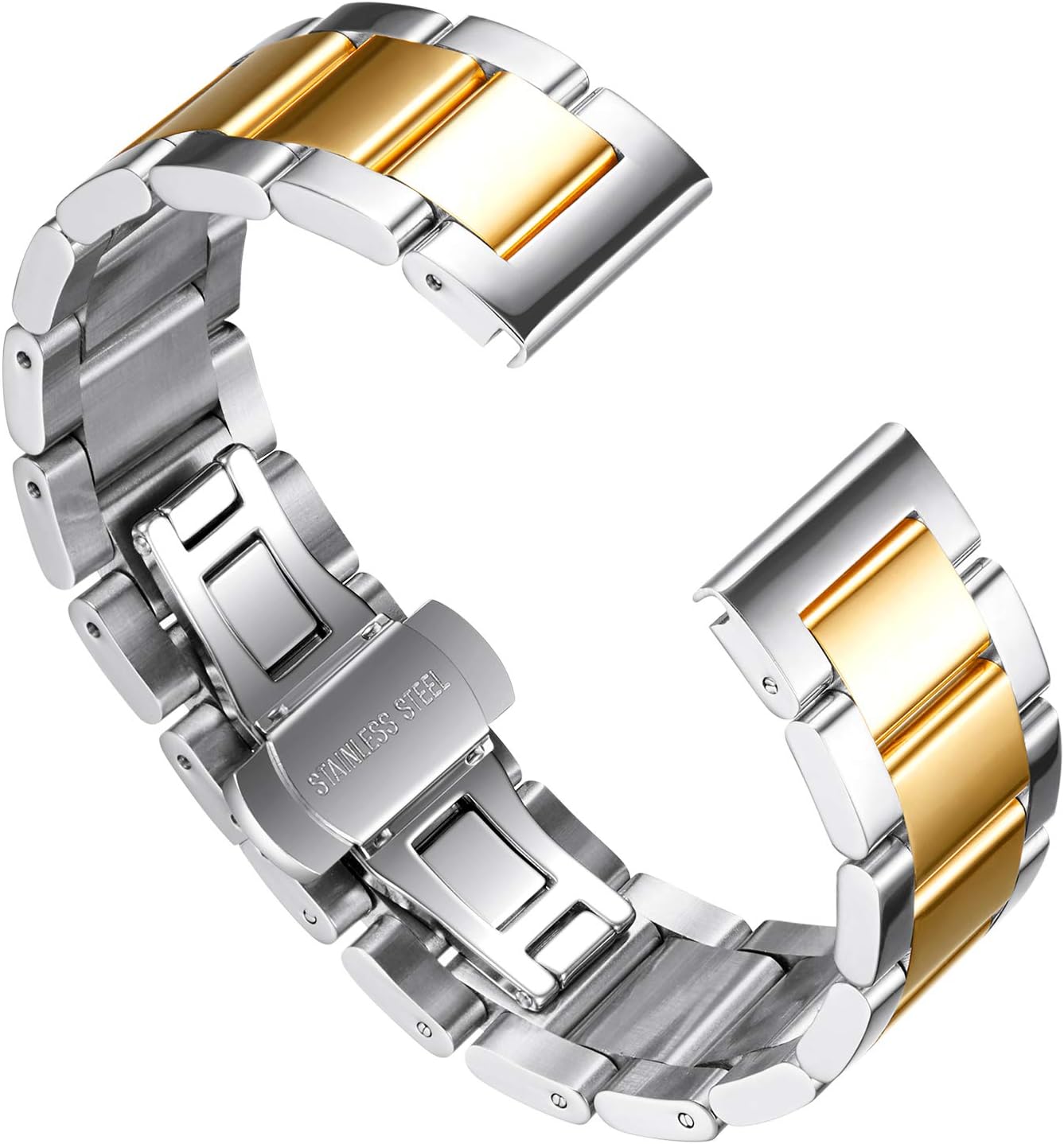 BINLUN Thick Stainless Steel Watch Band Metal Heavy Polished Matte Brushed Finish Watch Strap Replacement for Men Women 16mm/18mm/20mm/21mm/22mm/23mm/24mm/26mm(Polished Silver and Gold,20mm) - Image 2