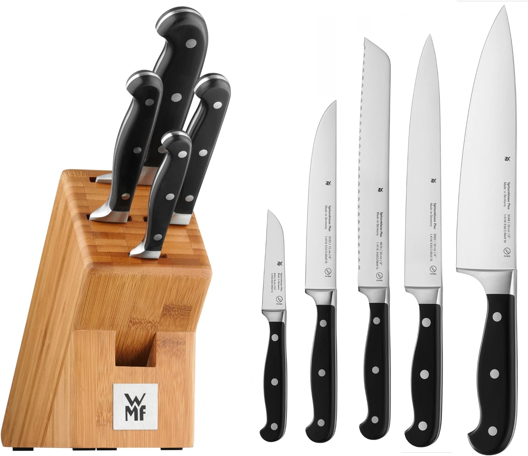 WMF Knife Block with 5 Pieces Spitzenklasse Plus Performance Cut Double Serrated Blade Made in Germany Forged Special Blade Steel - Stainless Steel Rivets Plastic Handles Knife Block of Bamboo