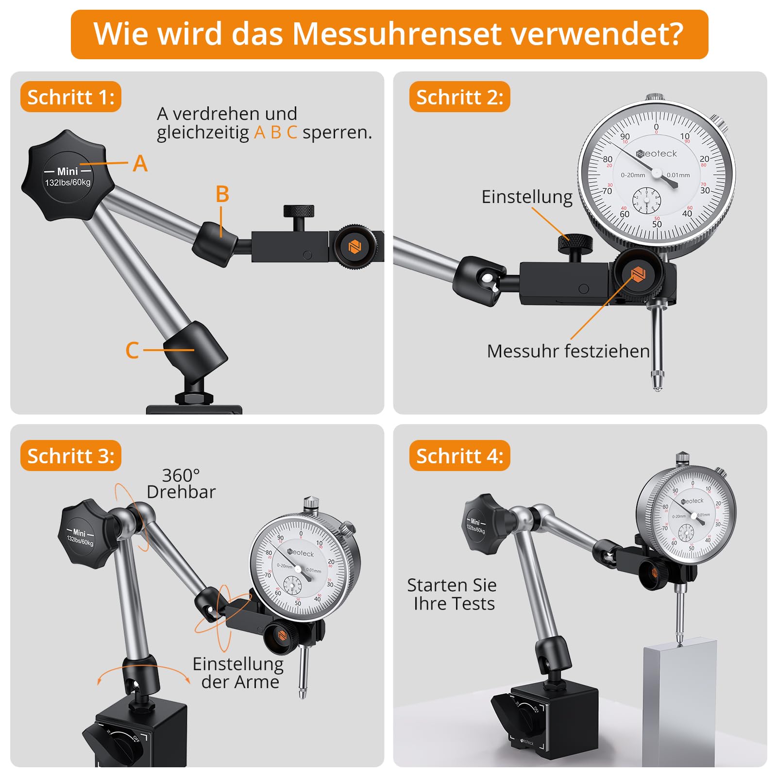 Neoteck Messuhr und Magnetstativ, Messtaster 0-20mm, Zentralklemmung Messuhrhalte 60 kg max. Zugkraft Basis Ständer für Messuhr