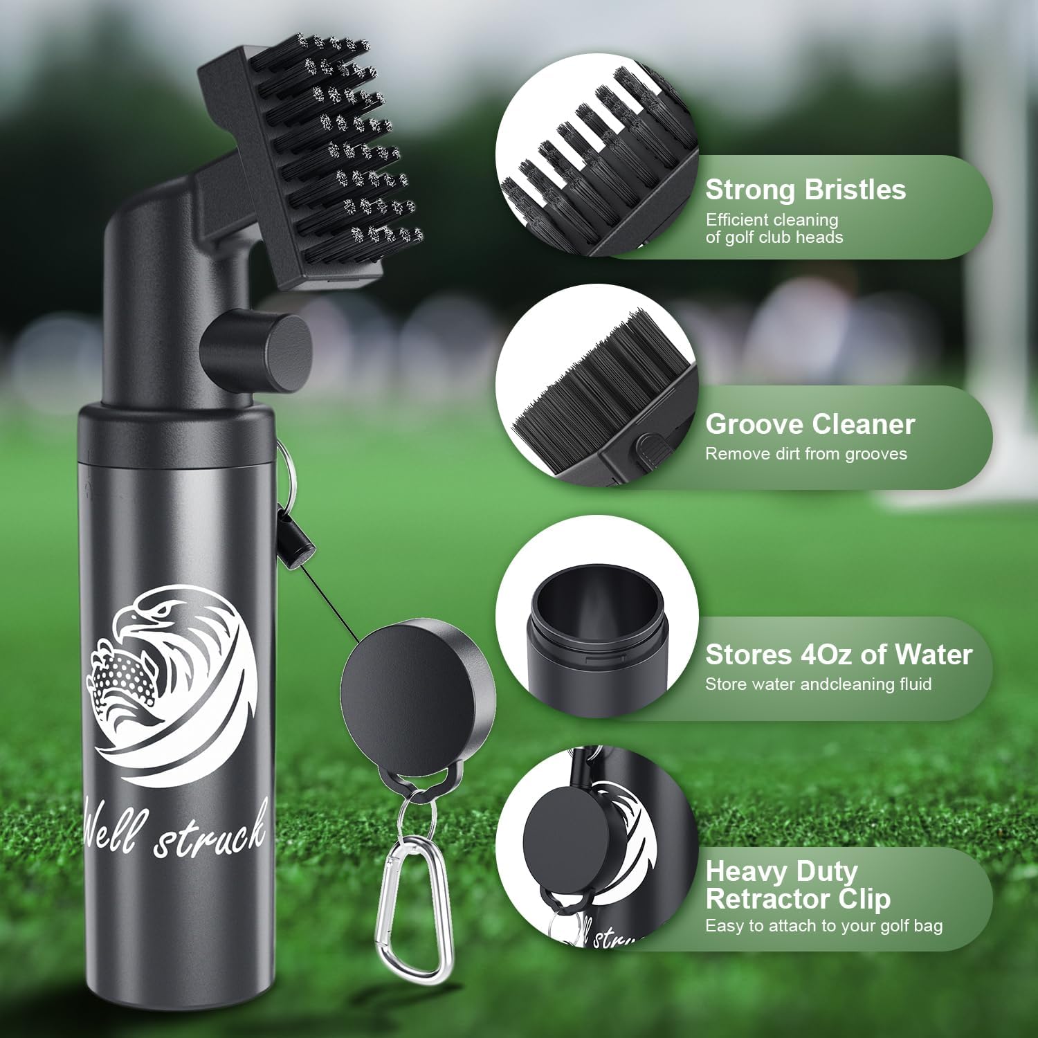 Pro Golf Club Cleaner - 4oz Water Bottle with Groove Cleaner and Retainer Clip, Durable Nylon Bristles for Easy Cleaning, Ergonomic Button Design, Golf Gifts for Men & Essential Accessories - Image 2