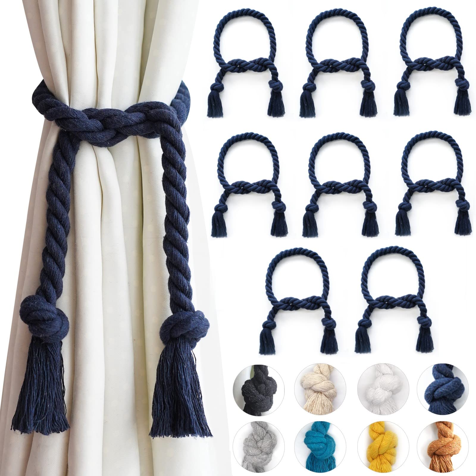 8-Pack Cotton Curtain Tiebacks - Natural White Rope Holdbacks For Indoor & Outdoor Drapes, Boho Farmhouse Style