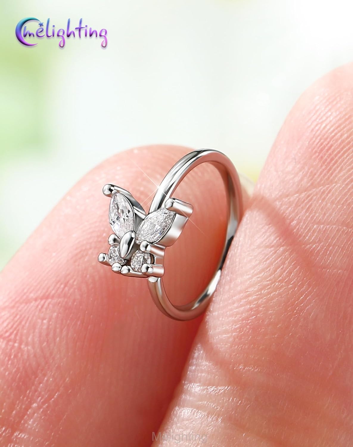 Melighting 20G Butterfly Nose Rings Hoops 316L Stainless Steel, Silver Seamless Open Nose Ring CZ Clear Silver Helix Cartilage Earring Labret Septum Piercing Jewelry for Women 8 mm - Image 2