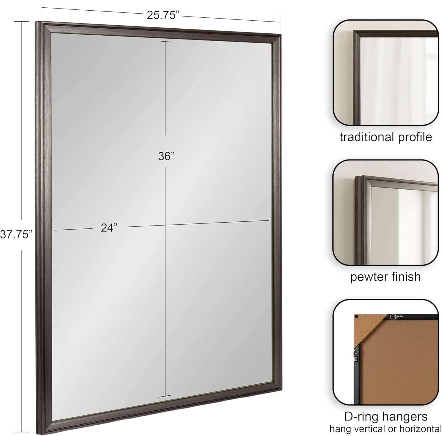 Kate and Laurel Colette Traditional Framed Rectangle Bathroom Vanity Mirror, 26 x 38, Pewter, Classic Rectangular Bathroom Mirror for Over Sink or for Use as Entryway or Living Room Decor
