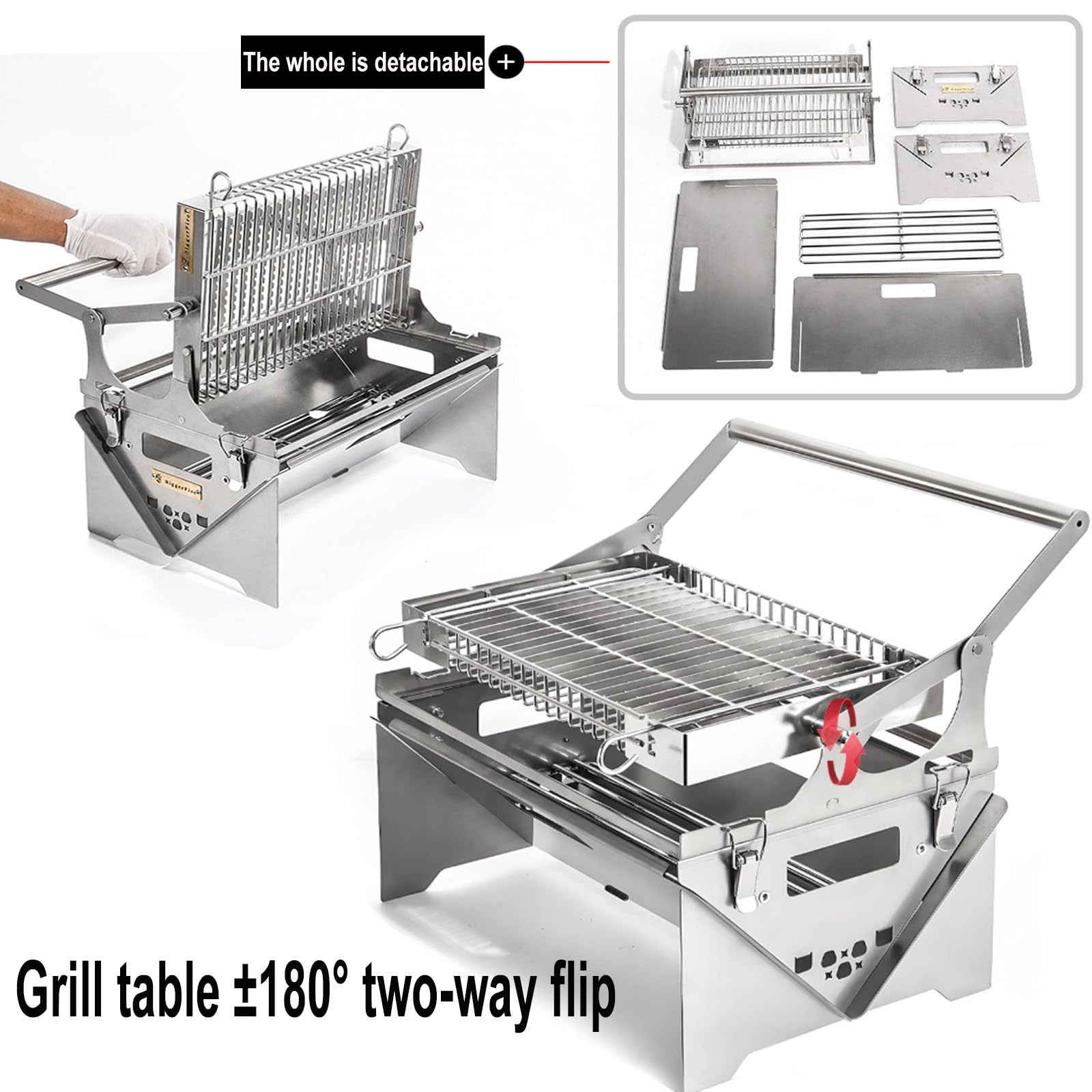 Griglia a carbone con vassoio rimovibile e telaio regolabile per picnic, barbecue da giardino e cucina all'aperto, versatile e facile da usare