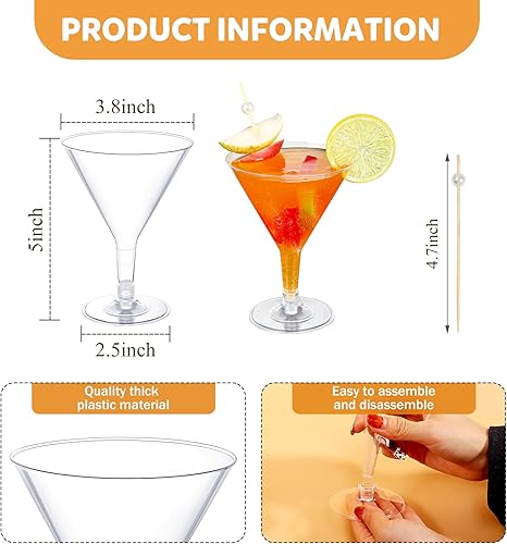 Miniatura 6 de KesaPlan Paquete de 50 vasos de Martini de plástico desechables de 6.5 onzas con palitos de cóctel, tazas de postre de helado para bar al aire