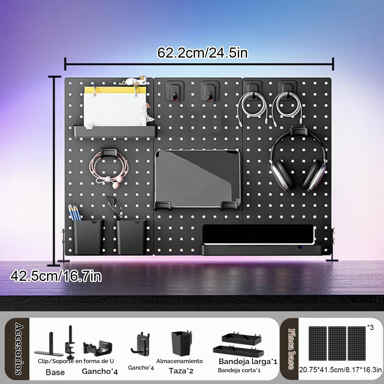 Tablero Perforado Negro con Abrazaderas, Organizador de Accesorios de Oficina, Panel Perforado de Escritorio, Ideal para Sala de Manualidades, Utensilios de Cocina