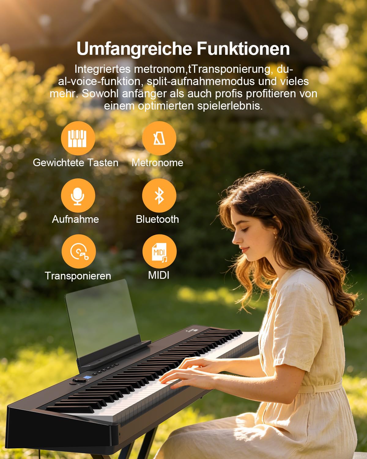 OYAYOFaltbares 88 Tasten Gewichteten Tasten Digitalpiano, Bluetooth MIDI & Audio, 128 Klänge & Rhythmen, 2600mAh Akku Stereolautsprecher, Elektronisches Klavier für Einsteiger & Musiker