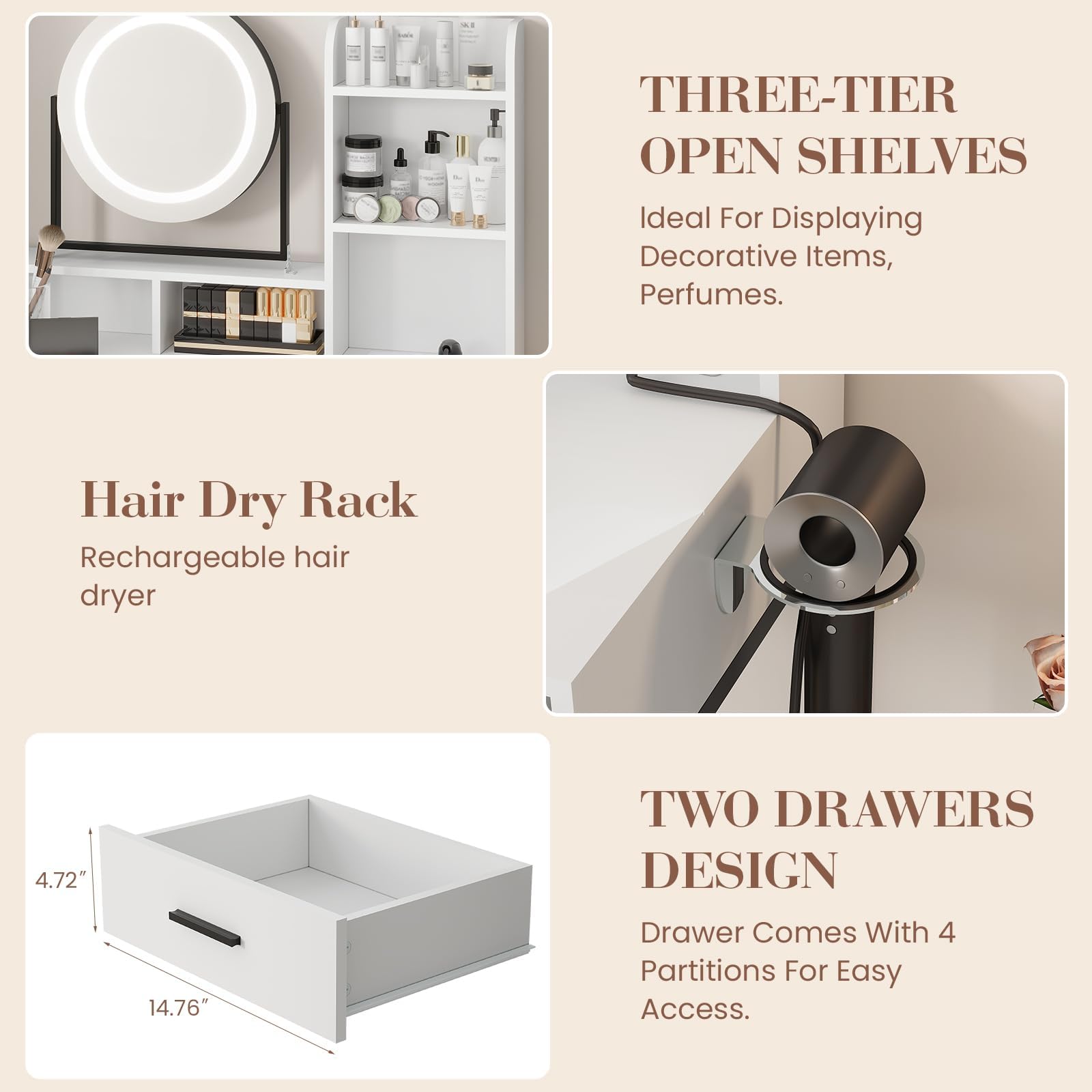 Coiffeuse avec Miroir et Tabouret, Éclairage LED Réglable | 3 Couleurs
