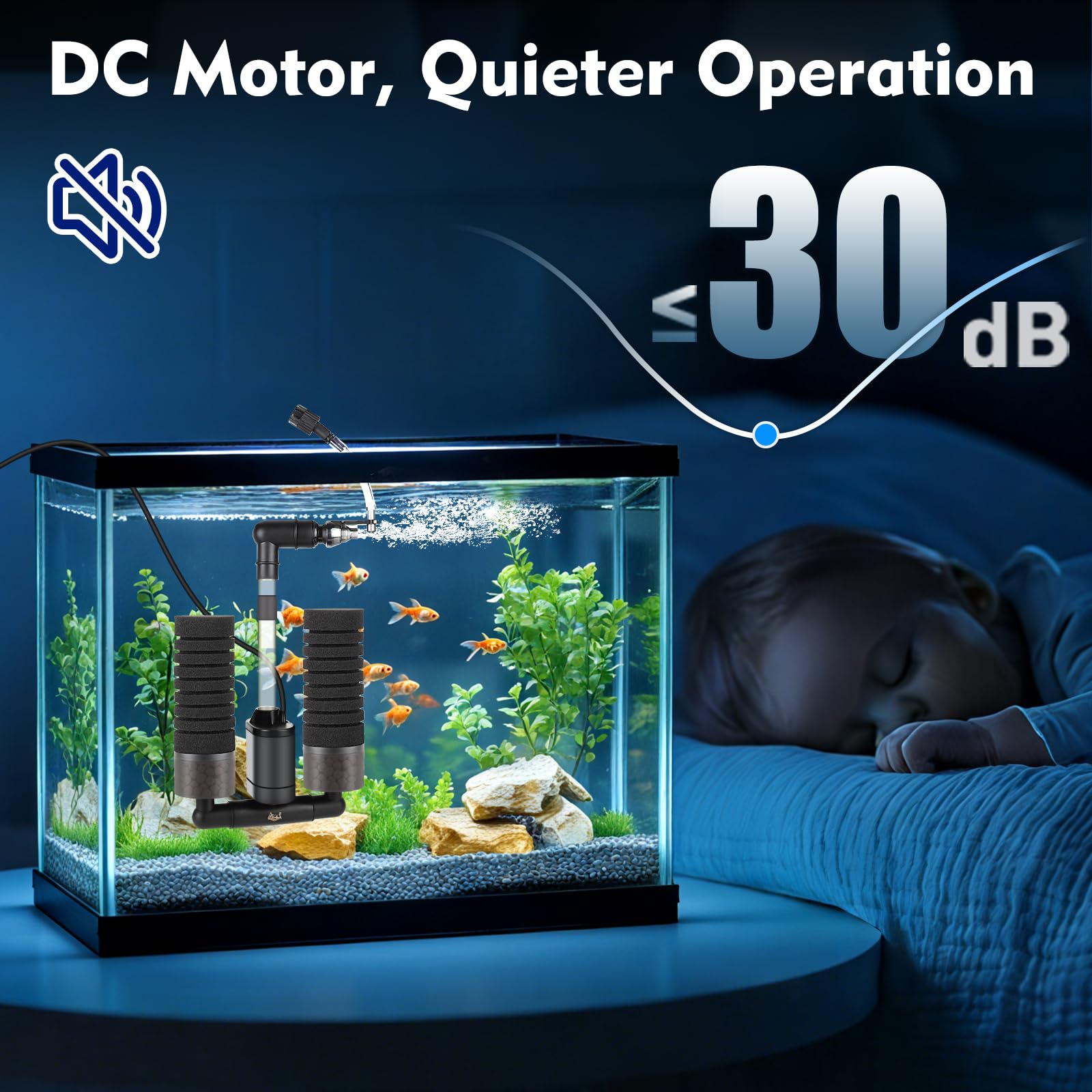 AQQA Electric Sponge Filter for Aquarium – Quiet USB Powered Breeding & Shrimp Filter with Bio Ceramic Media, Adjustable Air Intake & 360&deg; Rotatable Outflow (110V Adapter Included) (S) - image 6