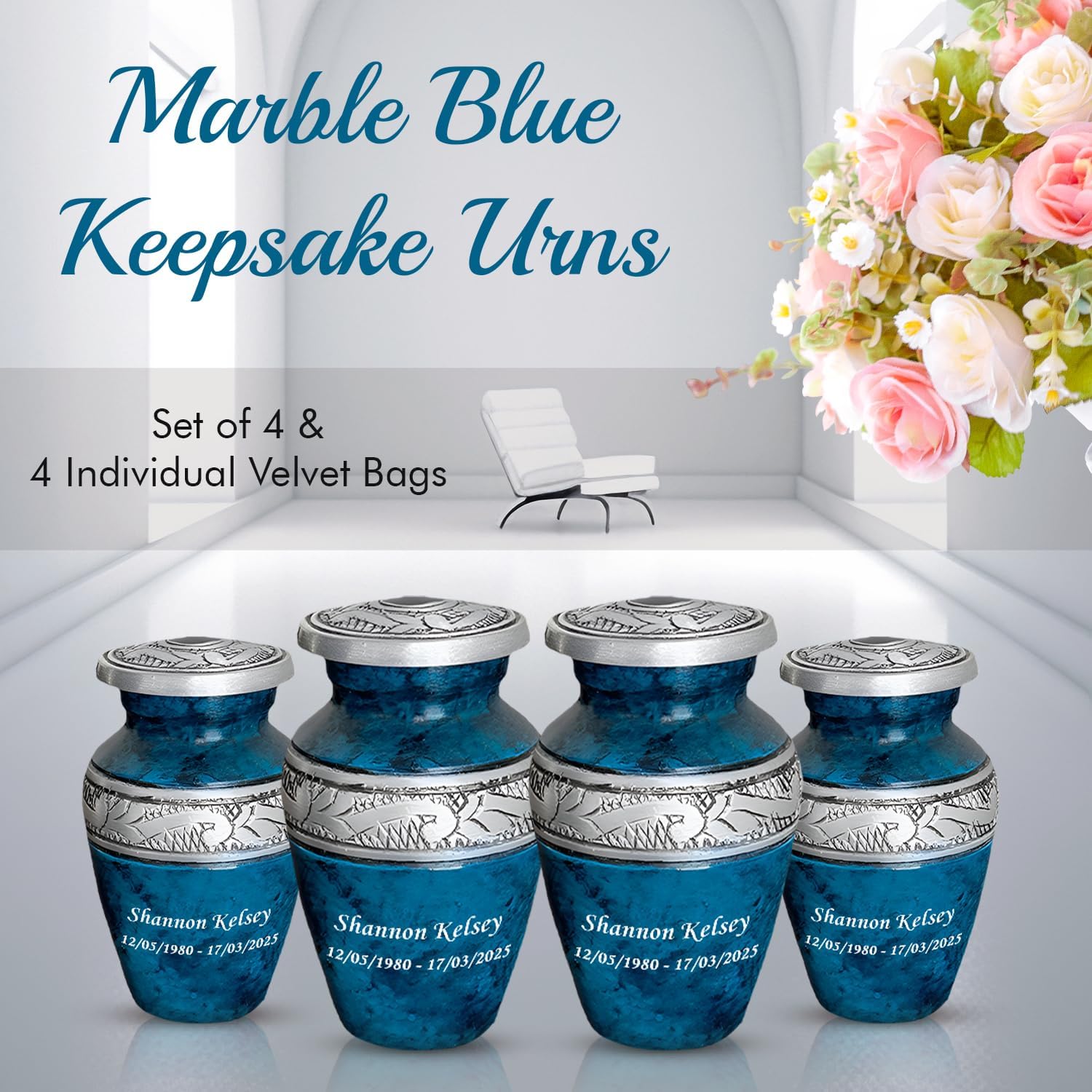AmericUrn Marble Blue Cremation Urns for Human Ashes – Adult Male and Female Memorial Set of 5 with 4 Keepsake & 1 NecklaceUrn